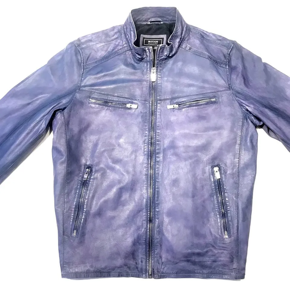 Missani Lambskin Leather Washed Denim Zip-up Jacket