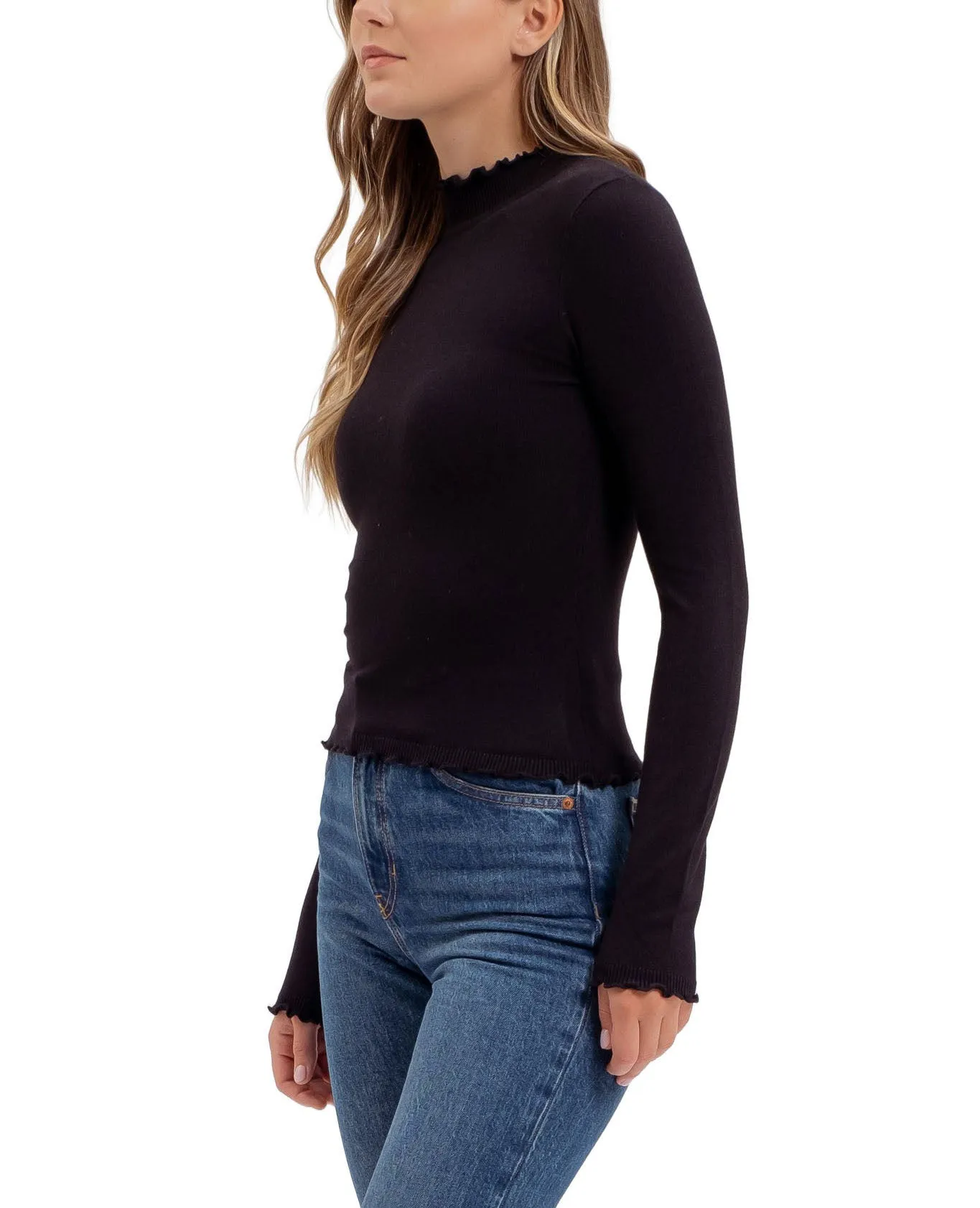 Moonbeam Mock Neck Lettuce Trim Top