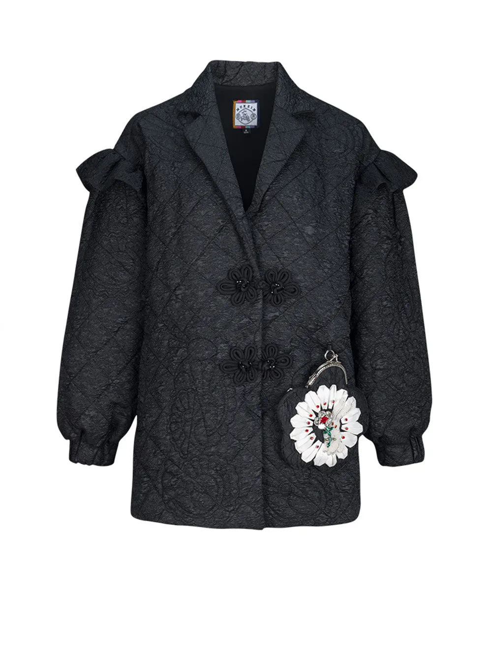 MUKZIN Black Three-dimensional Jacquard A-line mid-length Jacket