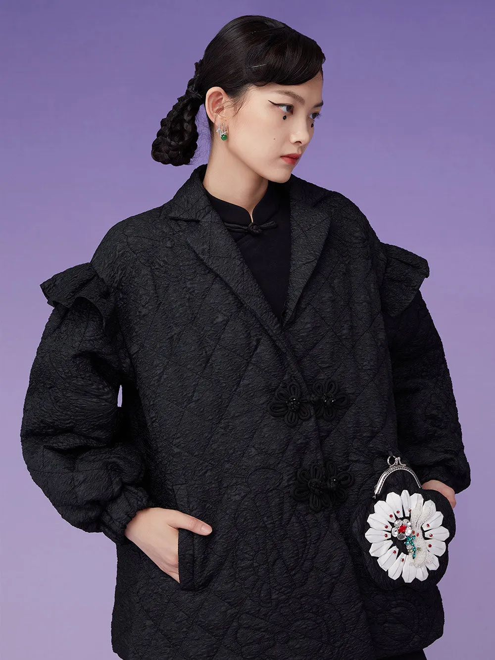 MUKZIN Black Three-dimensional Jacquard A-line mid-length Jacket