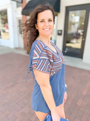 Navy Geometric Embroidered Top