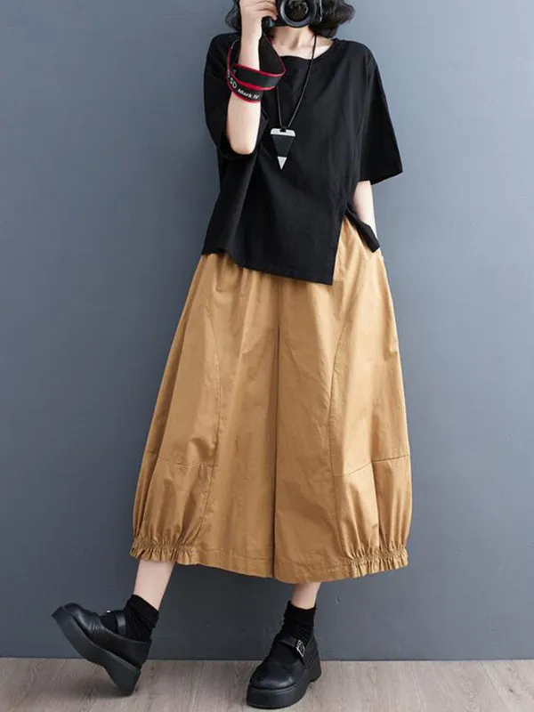 Ninth Pants Wide Leg Solid Color Split-Joint Casual Pants Bottoms