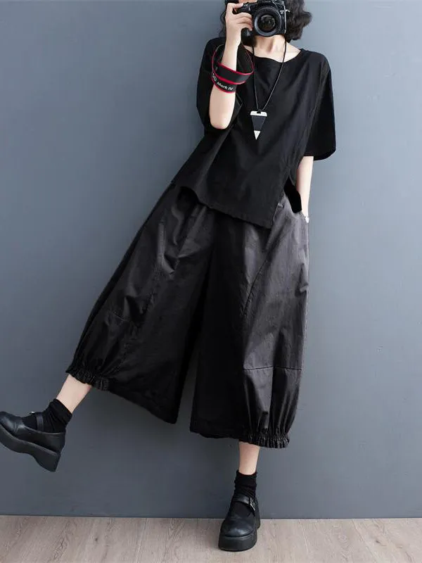 Ninth Pants Wide Leg Solid Color Split-Joint Casual Pants Bottoms