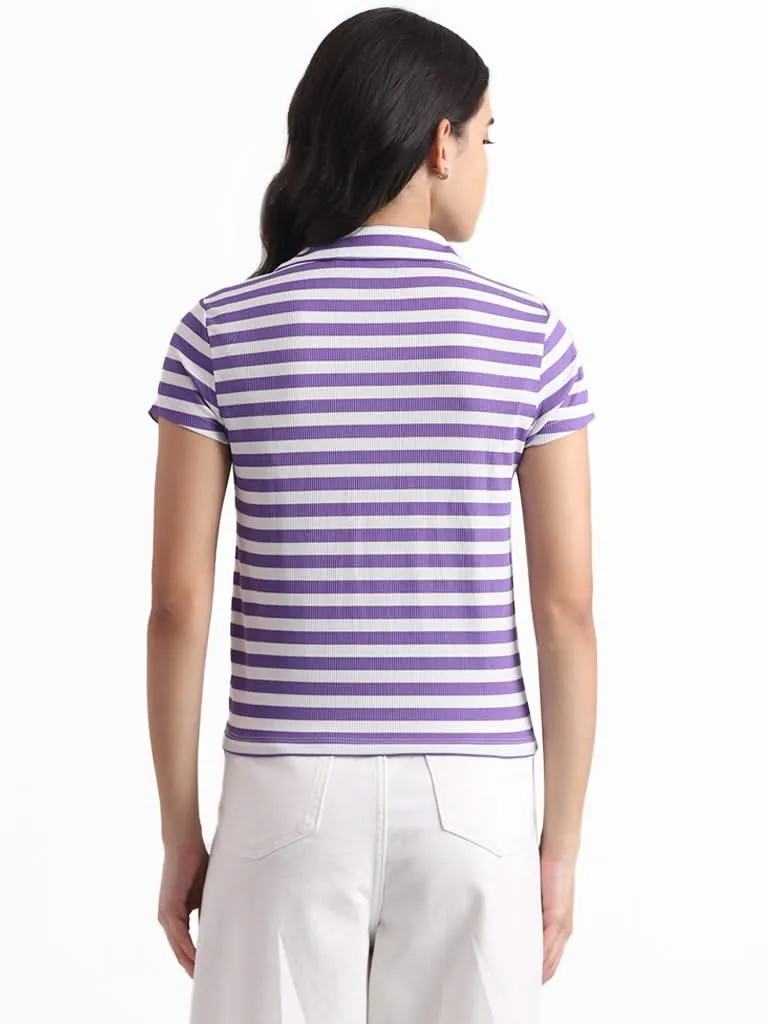 Nuon Lavender and White Striped Slim Fit Lapel Collar T-Shirt