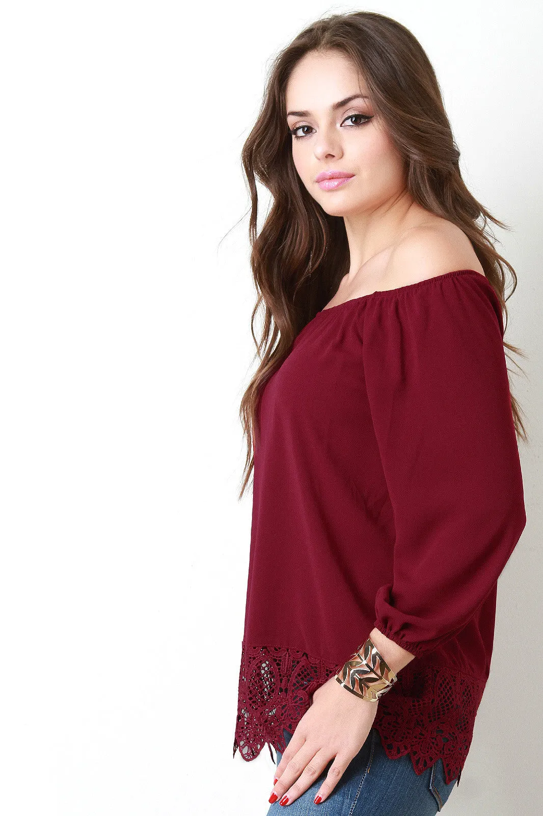 Off The Shoulder Lace Trim Hem Blouse