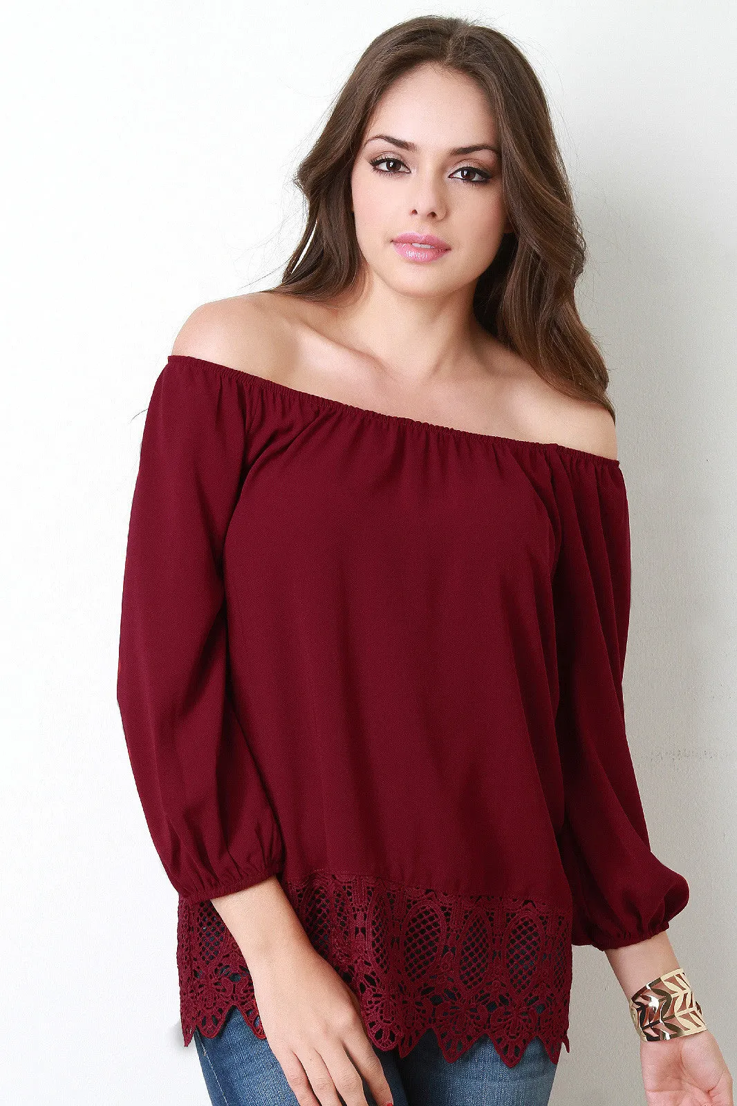 Off The Shoulder Lace Trim Hem Blouse