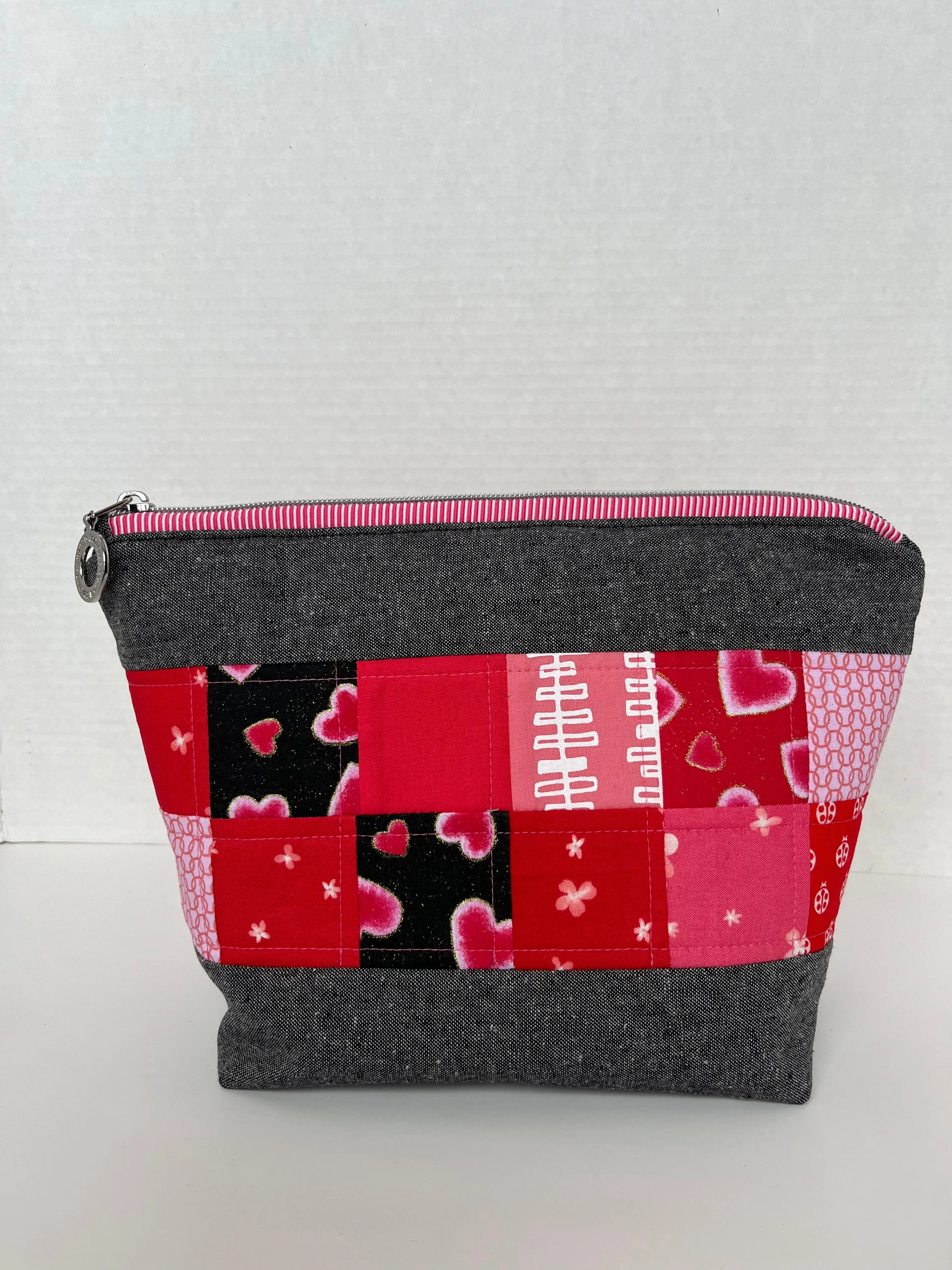 Patchwork and Linen Quilted Zipper Pouch , Valentine Bag