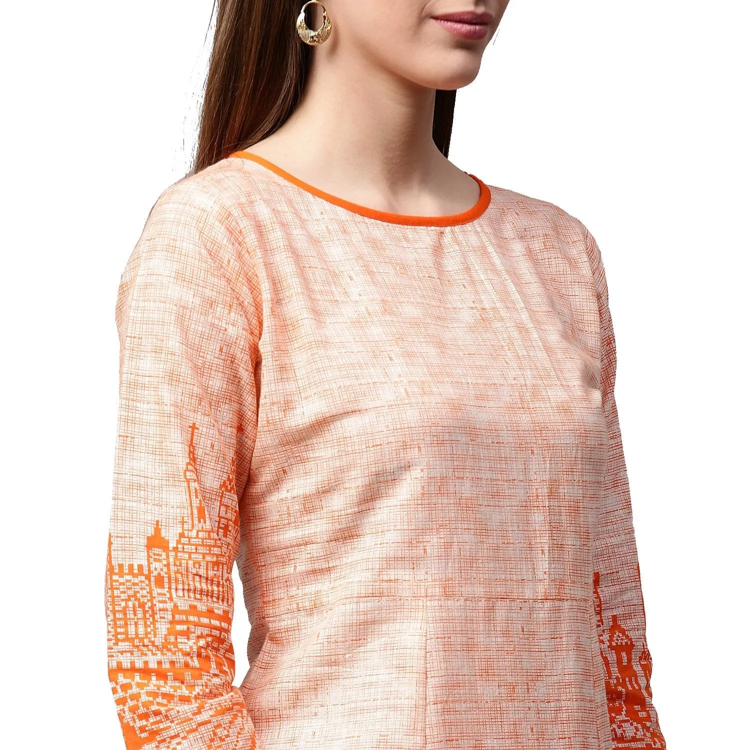 Peach Printed 3/4Th Sleeve Cotton A-Line Kurta With Orange Skirt