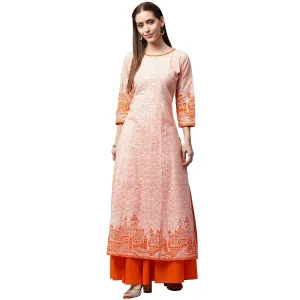 Peach Printed 3/4Th Sleeve Cotton A-Line Kurta With Orange Skirt