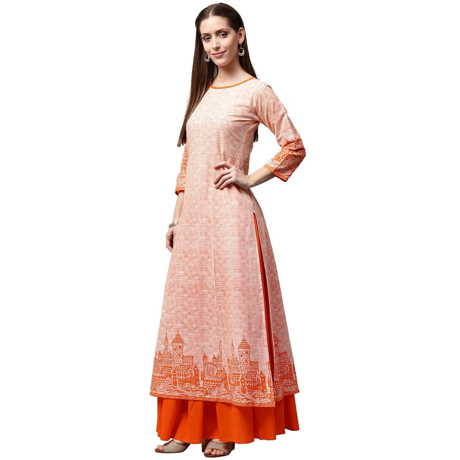 Peach Printed 3/4Th Sleeve Cotton A-Line Kurta With Orange Skirt