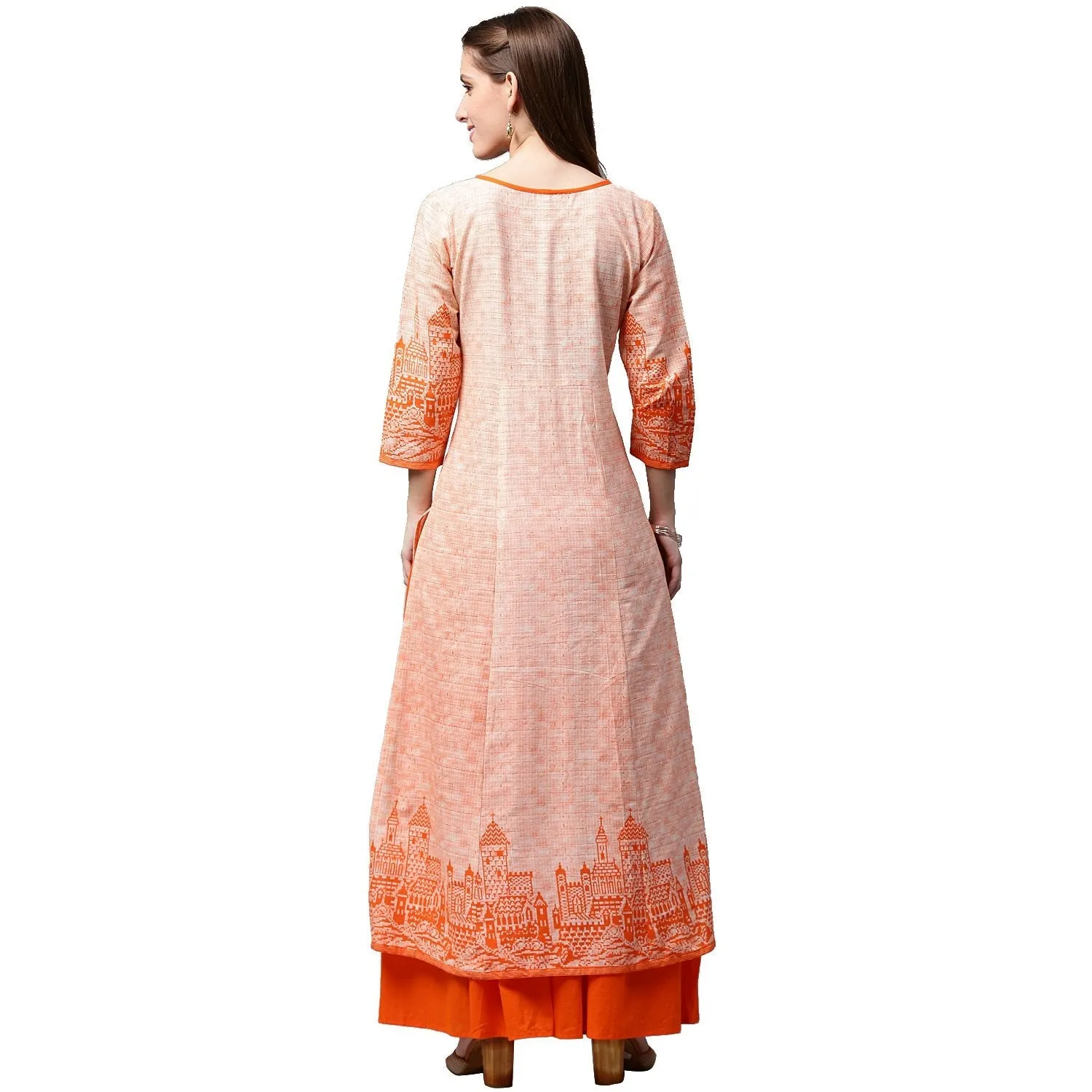 Peach Printed 3/4Th Sleeve Cotton A-Line Kurta With Orange Skirt