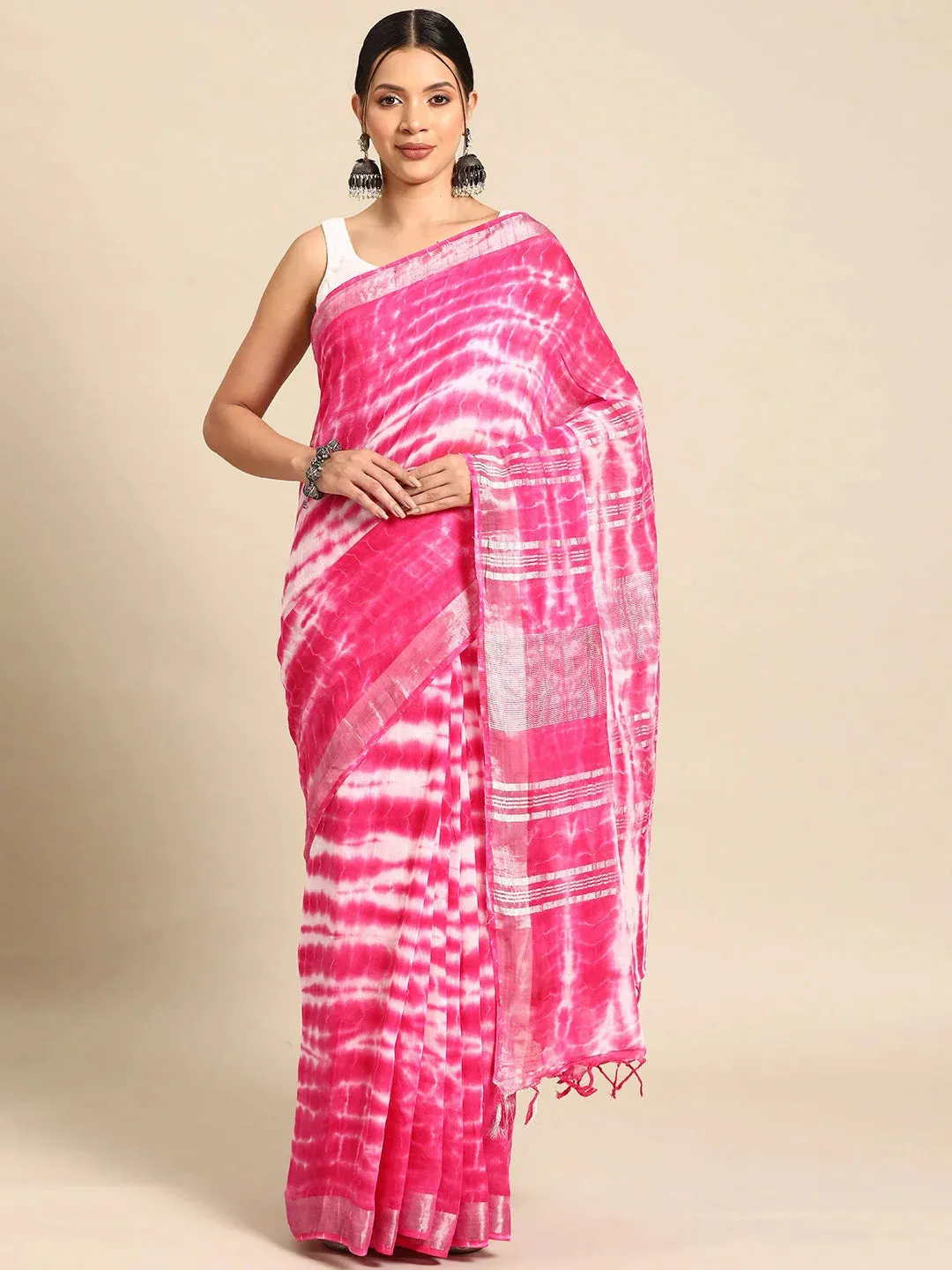 Pink Tie & Dye Pure Linen Saree