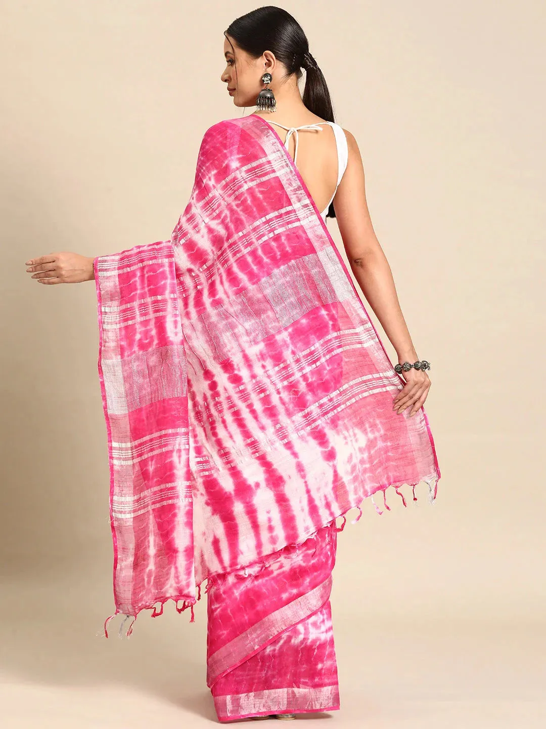 Pink Tie & Dye Pure Linen Saree