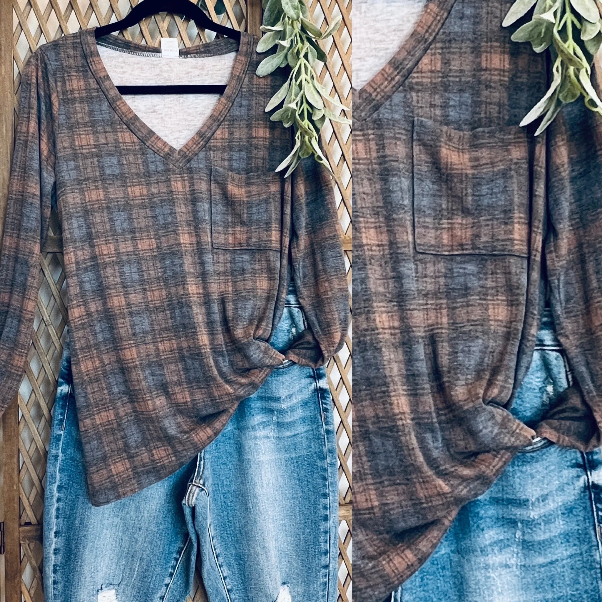 Plaid V-Neck Long sleeve Top