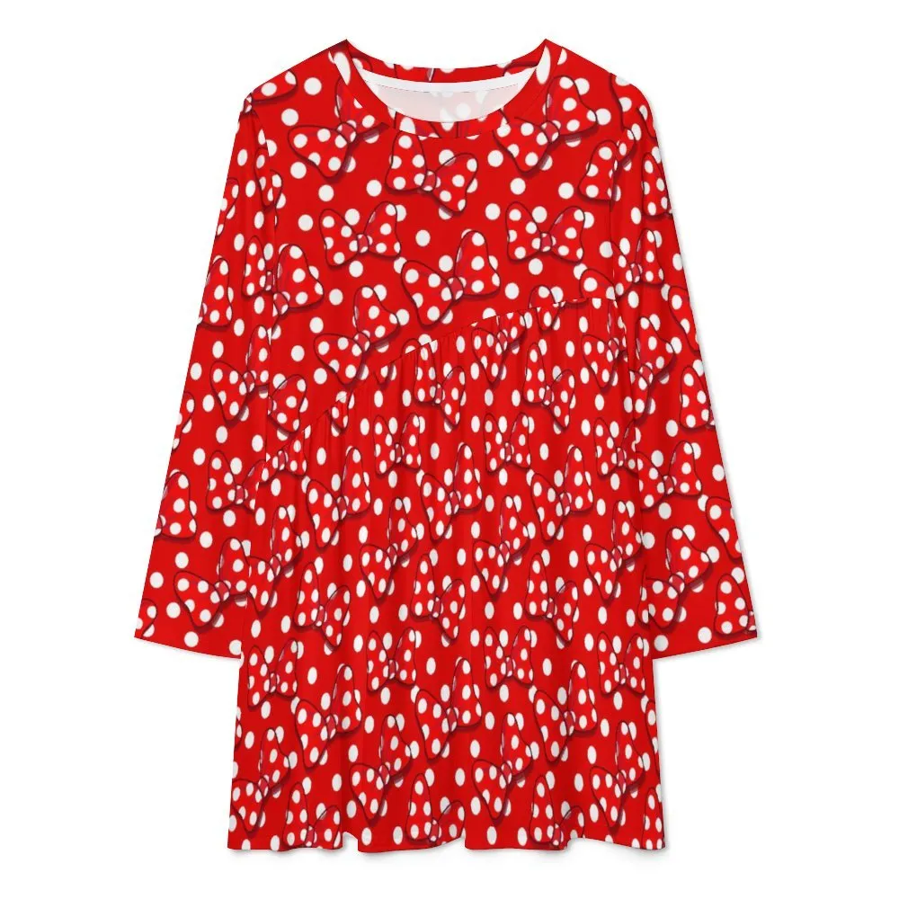 Red With White Polka Dot And Bows Long Sleeve Patchwork T-shirt Dress