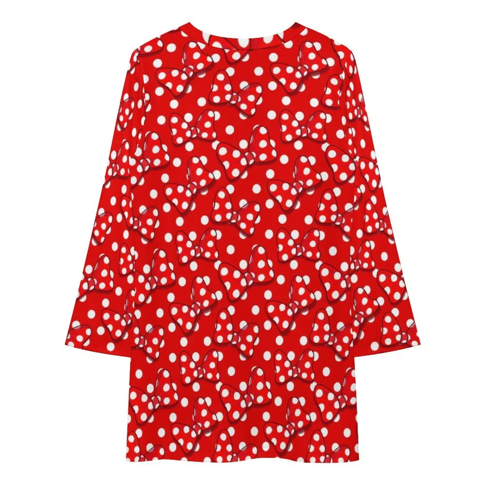 Red With White Polka Dot And Bows Long Sleeve Patchwork T-shirt Dress