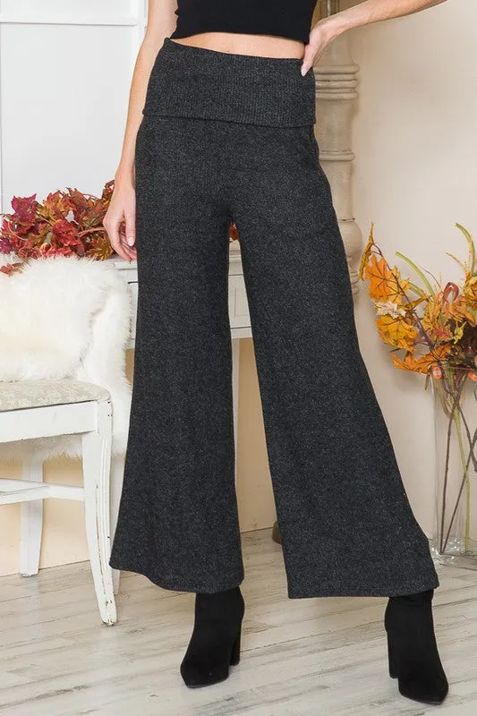 Rib Brushed Wide Leg Pants with Pockets