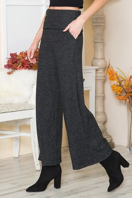 Rib Brushed Wide Leg Pants with Pockets