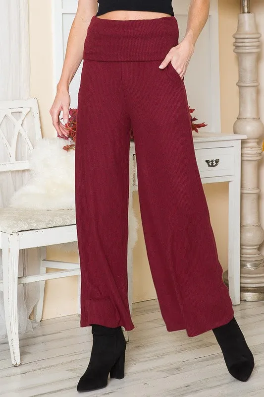 Rib Brushed Wide Leg Pants with Pockets