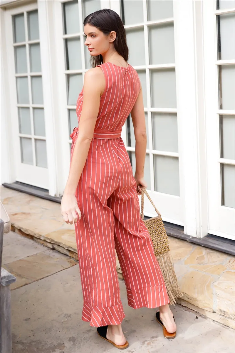 Rust Striped V-neck Self-tie Belt Flare Hem Wide Leg Jumpsuit