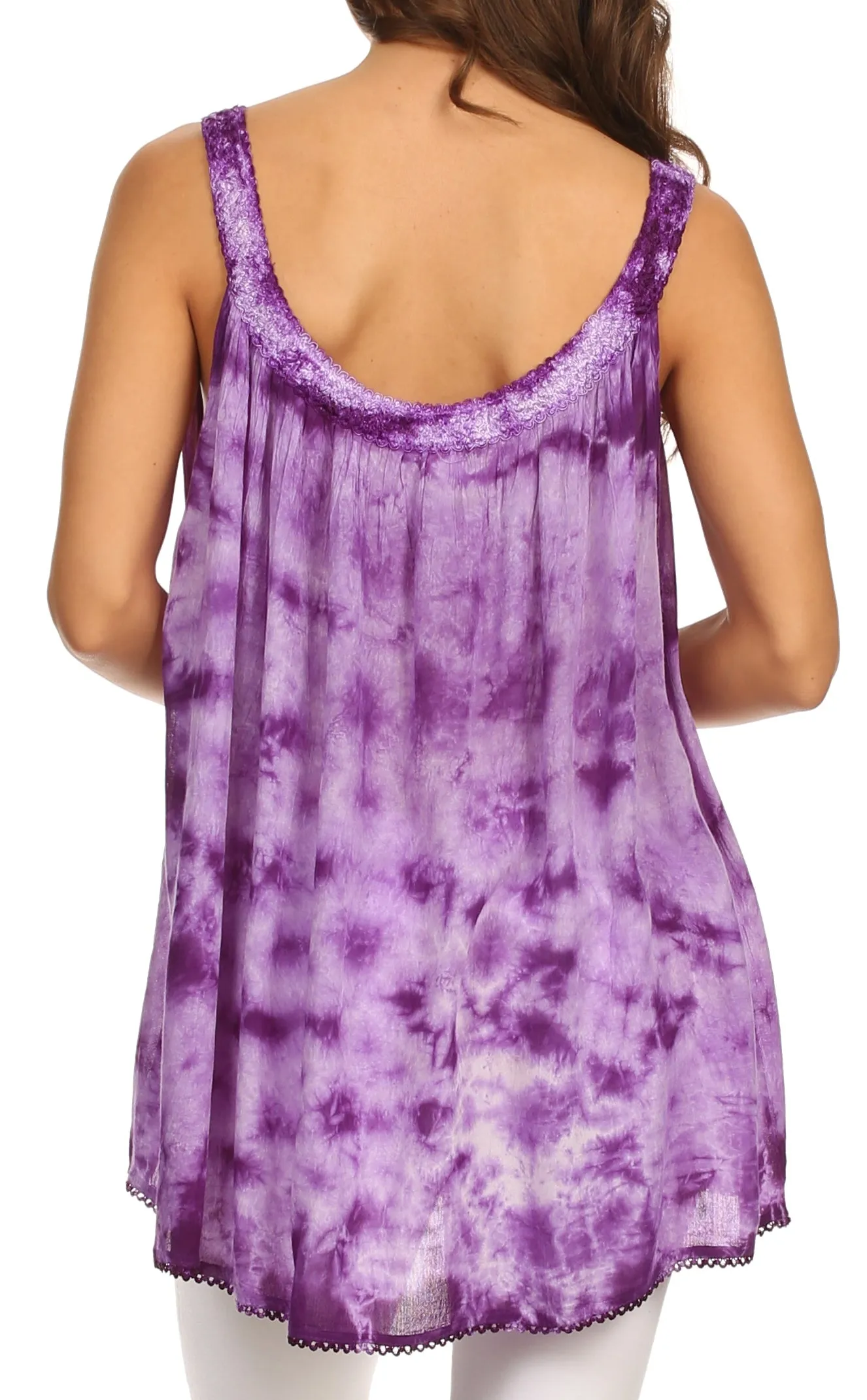 Sakkas Ashanti Embroidered Trim Picot Rayon Tie Dye Tank Top