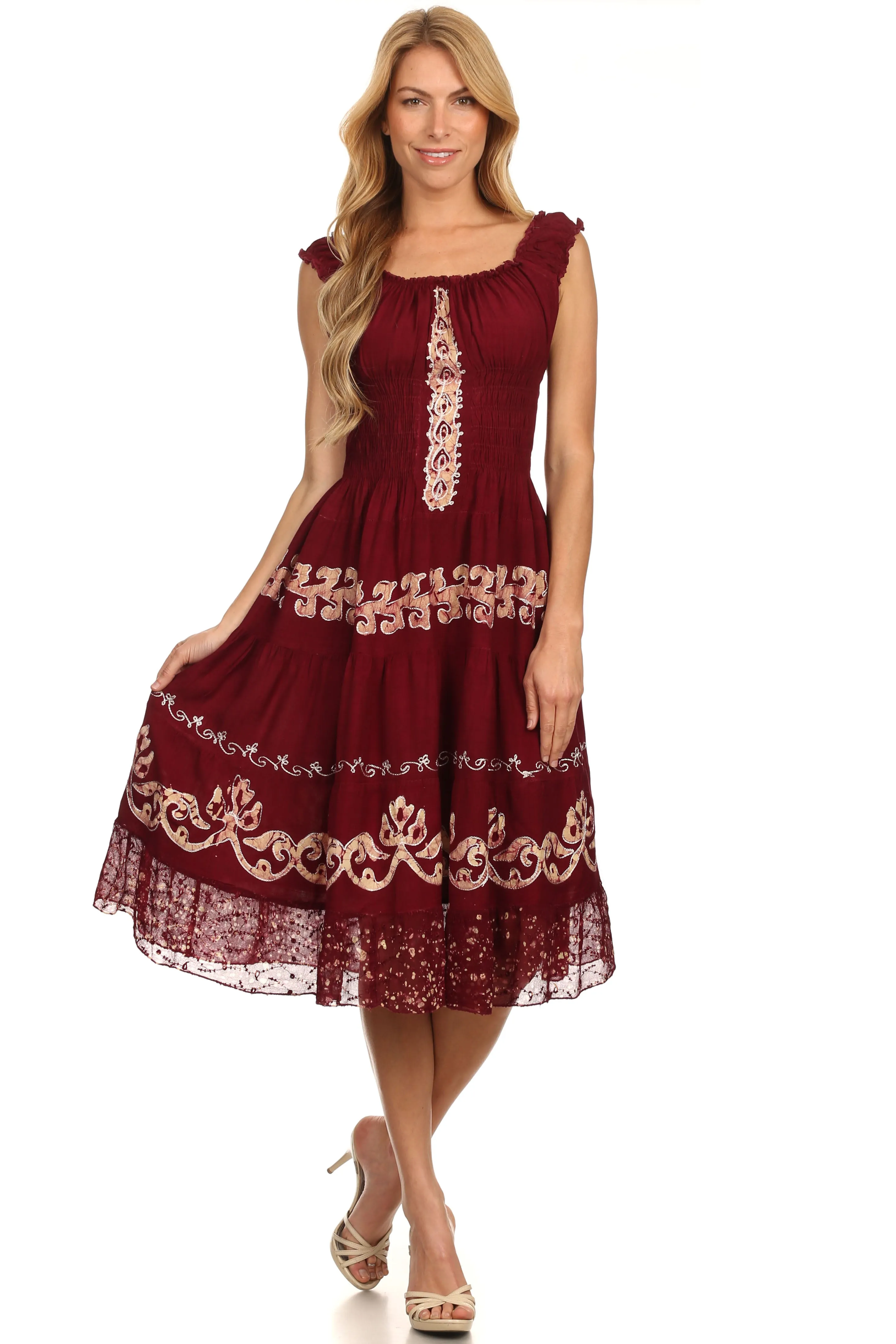 Sakkas Gigi Boho Sleeveless Smocked Waist Embroidered Mid-Length Batik Dress