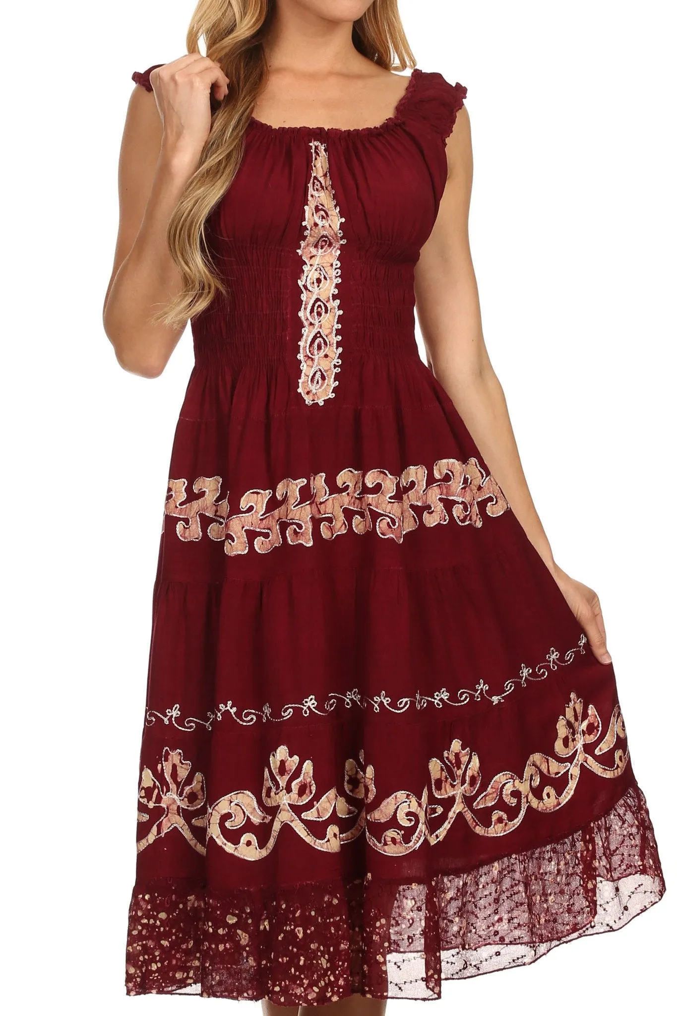 Sakkas Gigi Boho Sleeveless Smocked Waist Embroidered Mid-Length Batik Dress