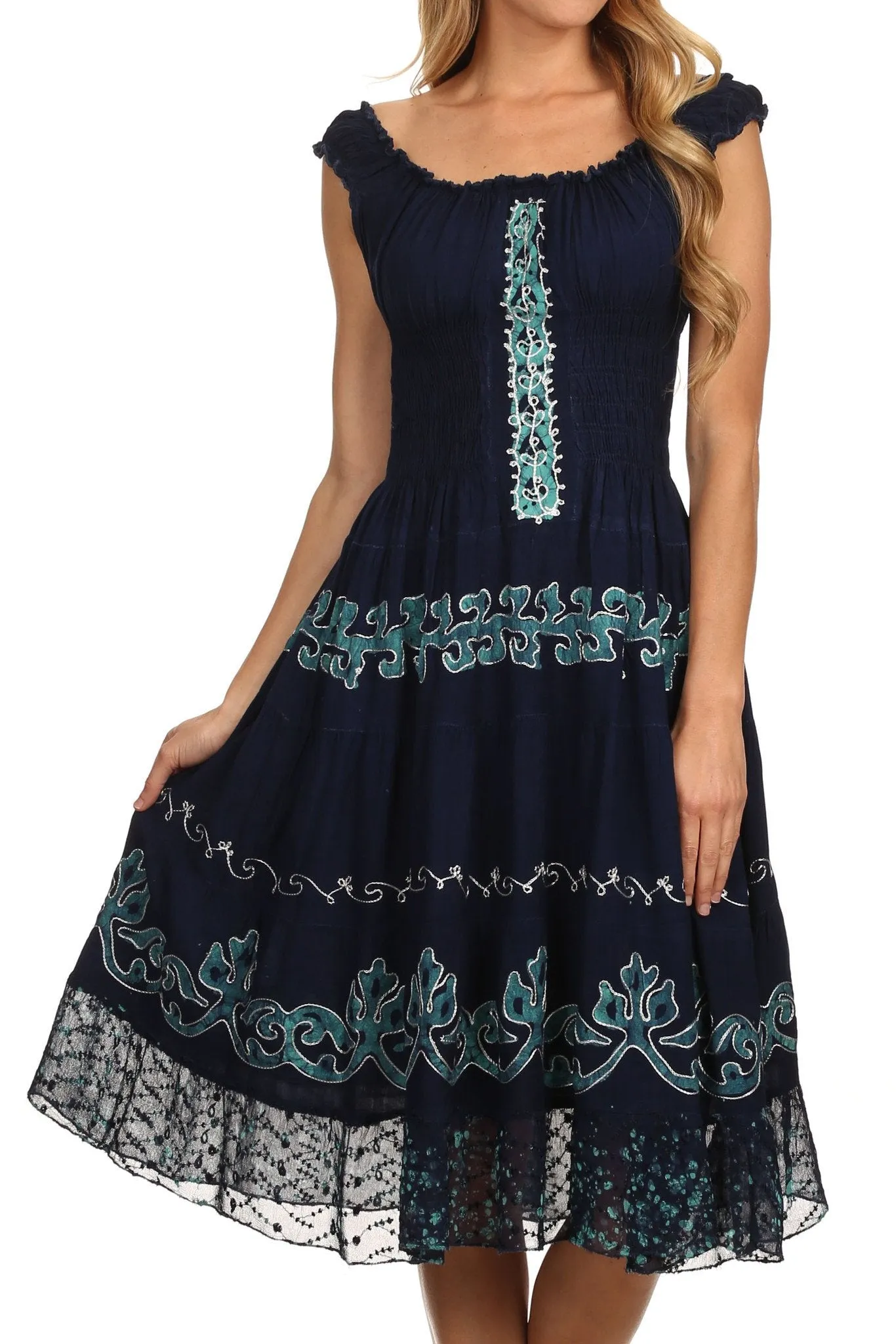 Sakkas Gigi Boho Sleeveless Smocked Waist Embroidered Mid-Length Batik Dress