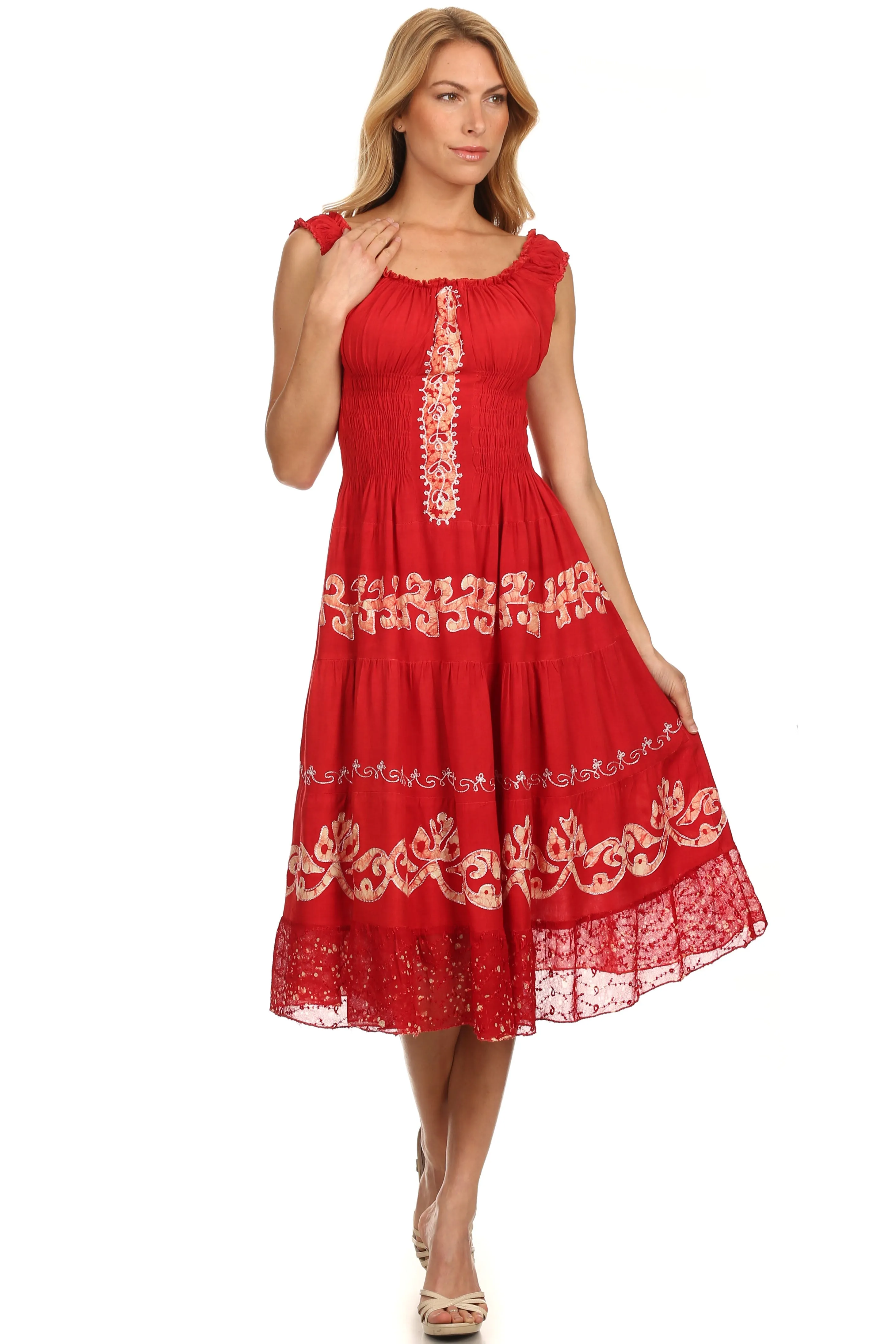 Sakkas Gigi Boho Sleeveless Smocked Waist Embroidered Mid-Length Batik Dress