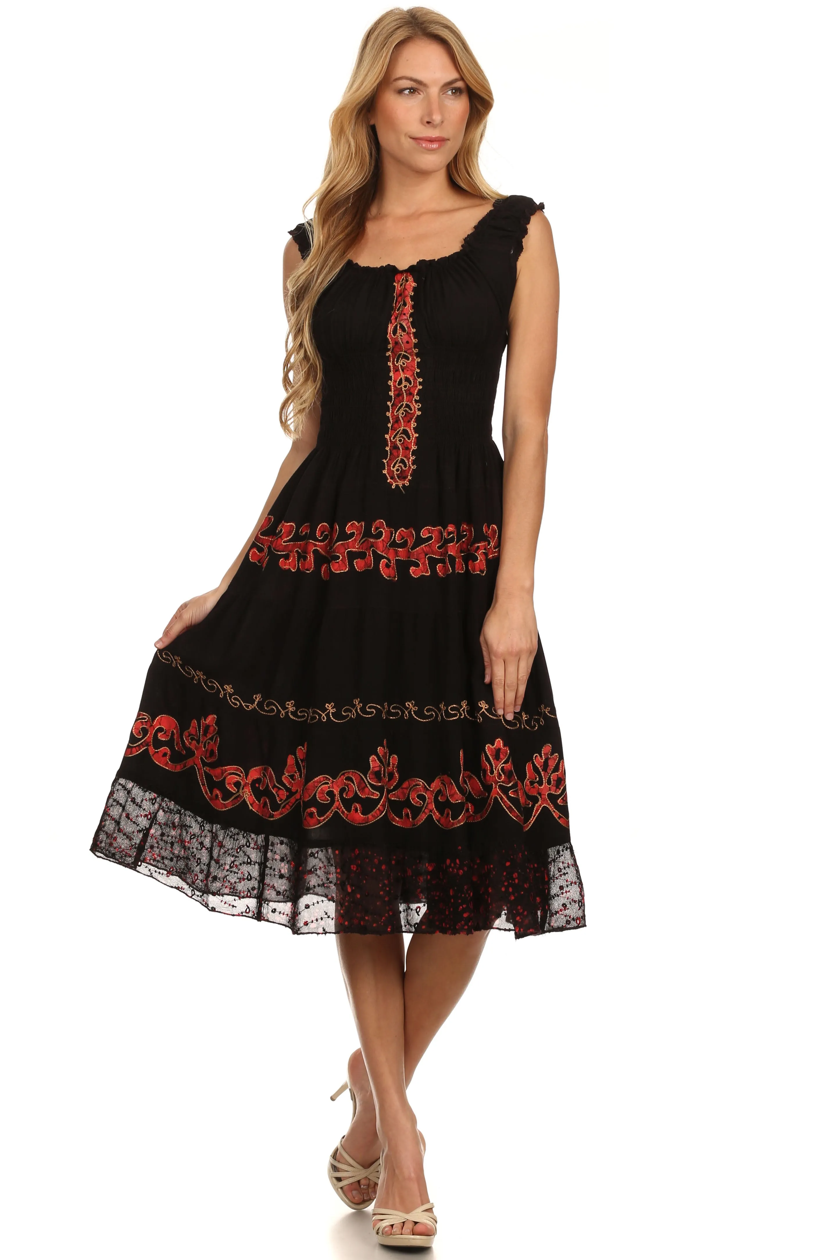 Sakkas Gigi Boho Sleeveless Smocked Waist Embroidered Mid-Length Batik Dress