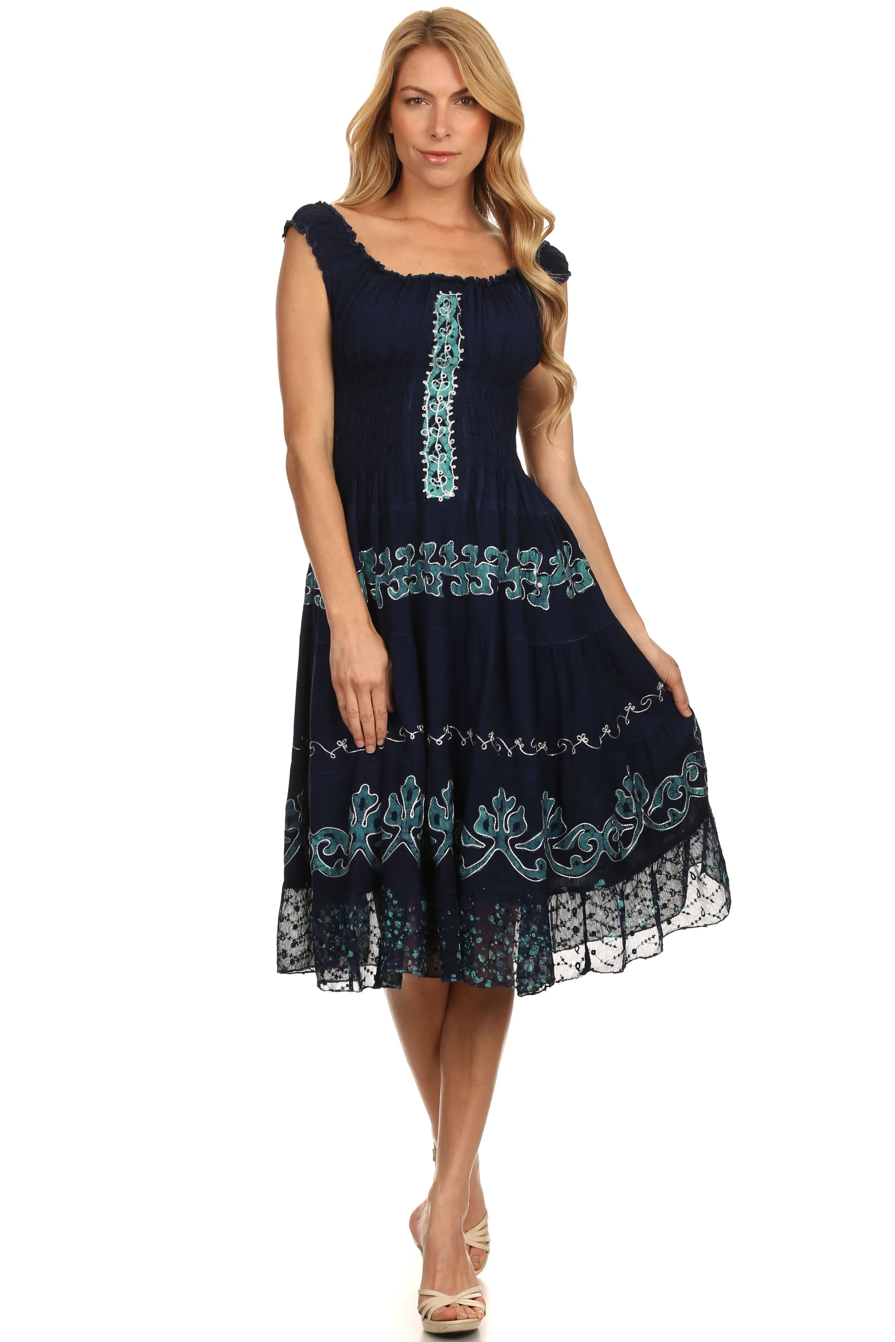 Sakkas Gigi Boho Sleeveless Smocked Waist Embroidered Mid-Length Batik Dress