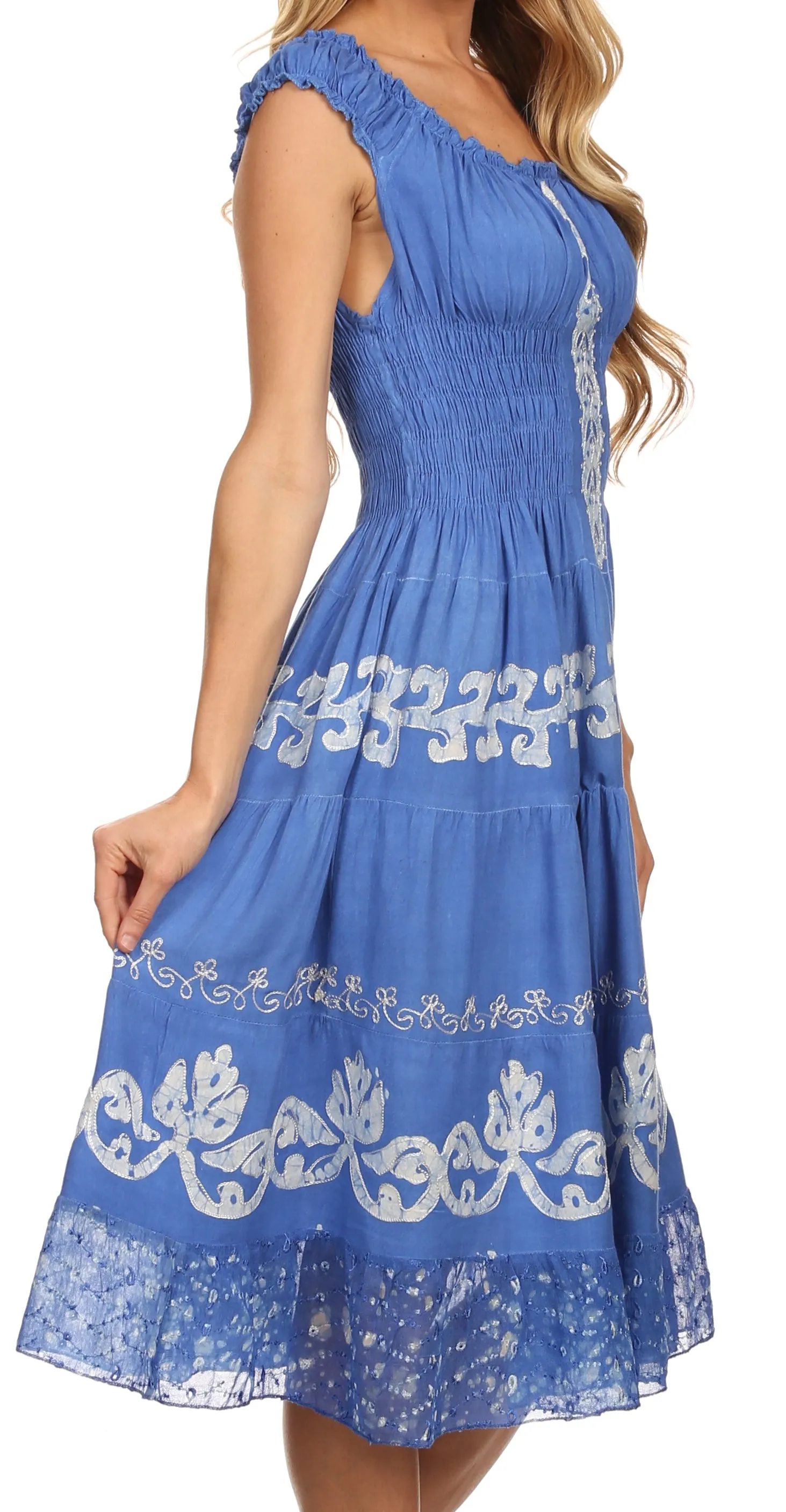 Sakkas Gigi Boho Sleeveless Smocked Waist Embroidered Mid-Length Batik Dress