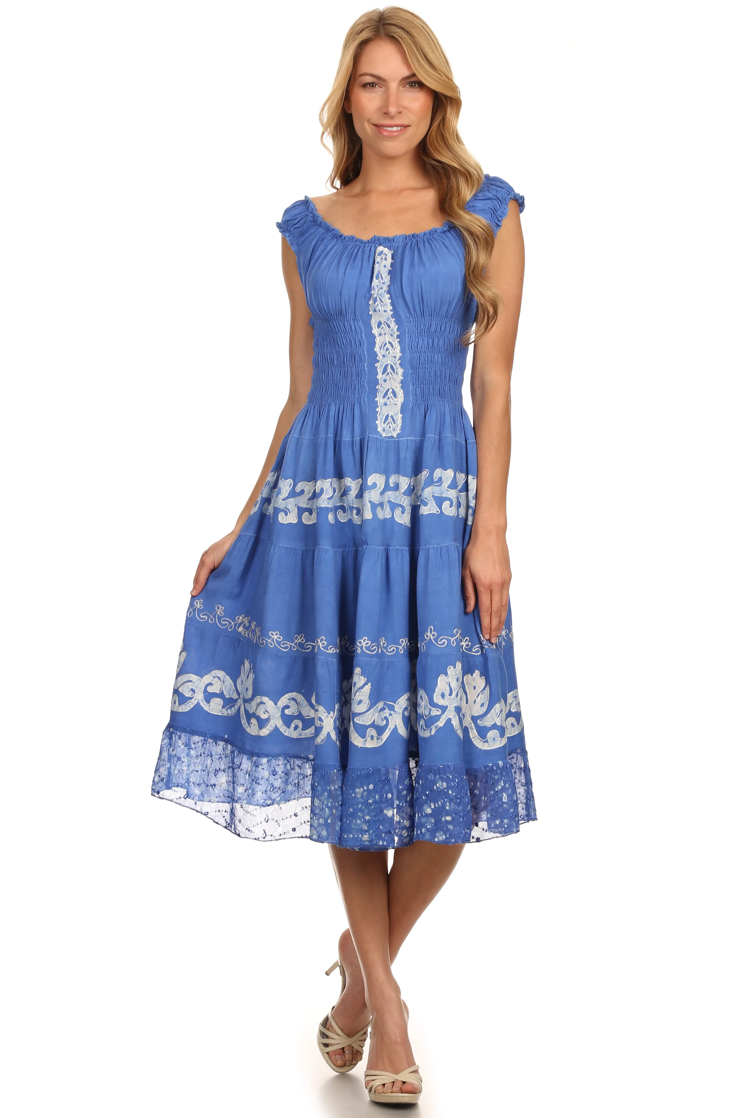 Sakkas Gigi Boho Sleeveless Smocked Waist Embroidered Mid-Length Batik Dress