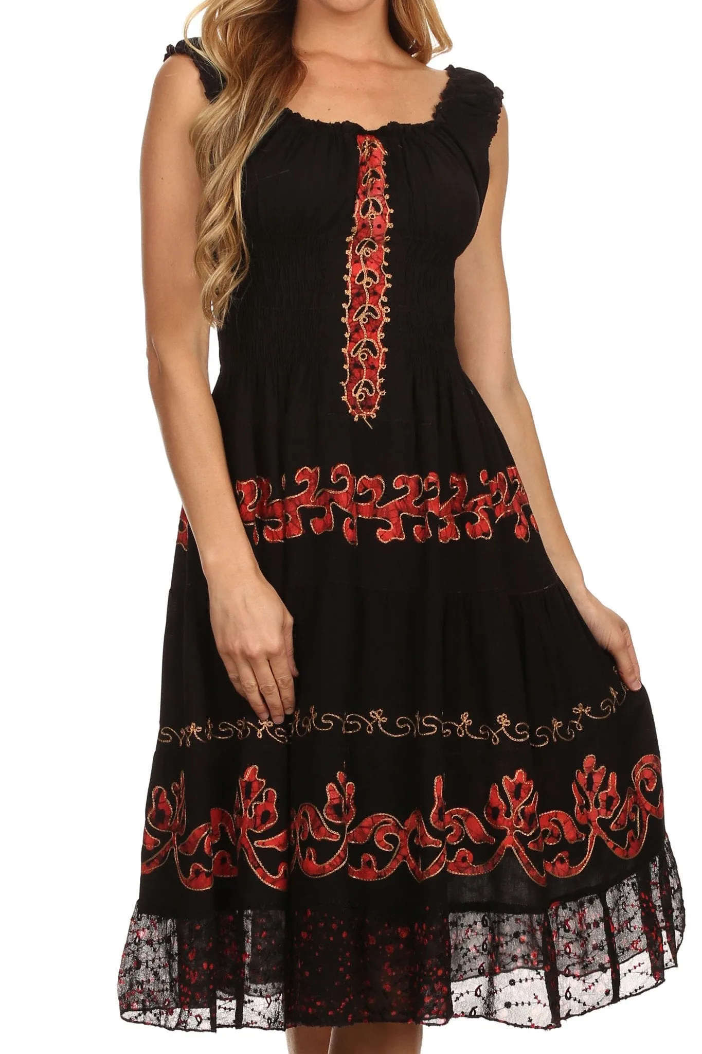 Sakkas Gigi Boho Sleeveless Smocked Waist Embroidered Mid-Length Batik Dress