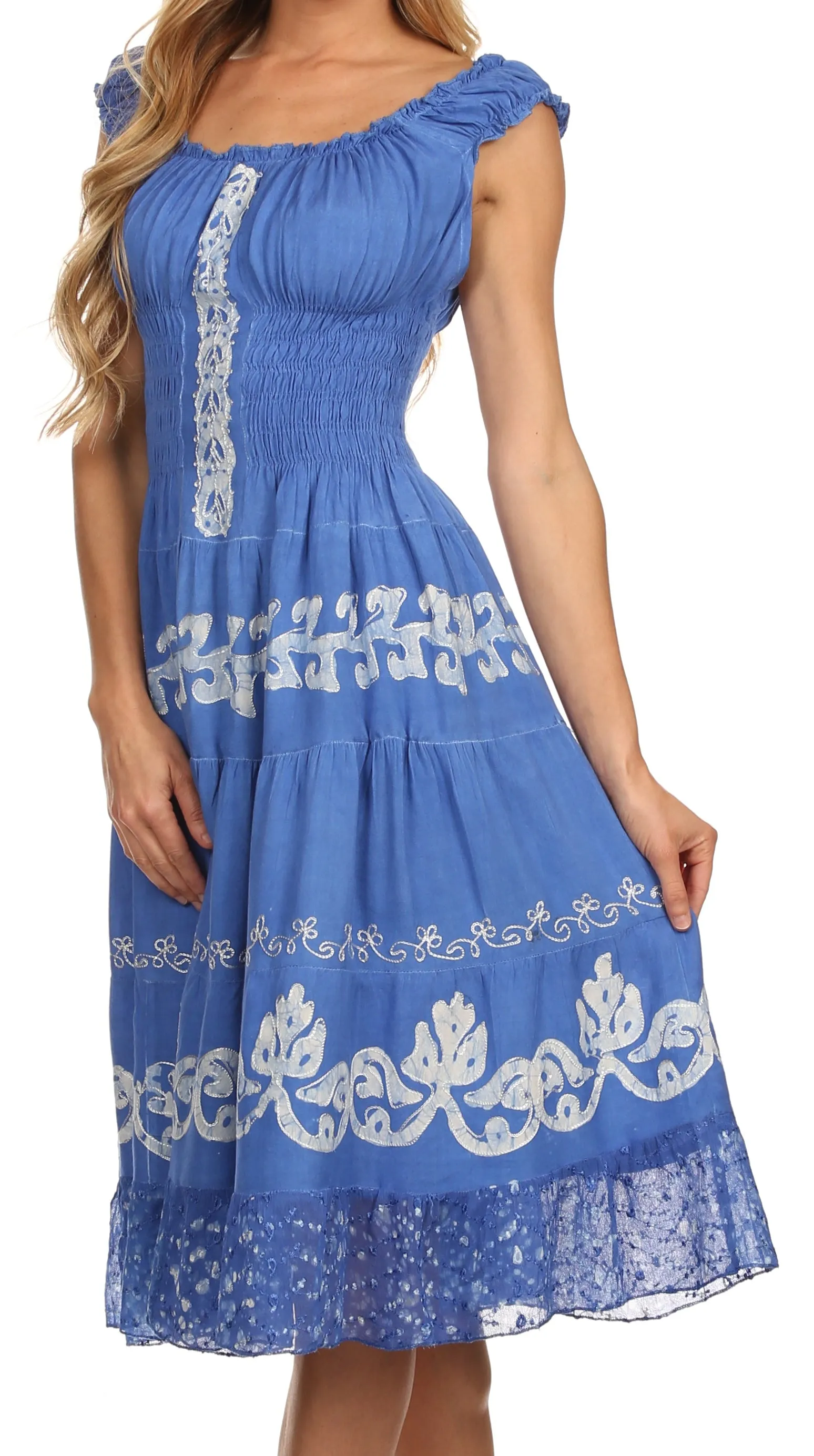 Sakkas Gigi Boho Sleeveless Smocked Waist Embroidered Mid-Length Batik Dress