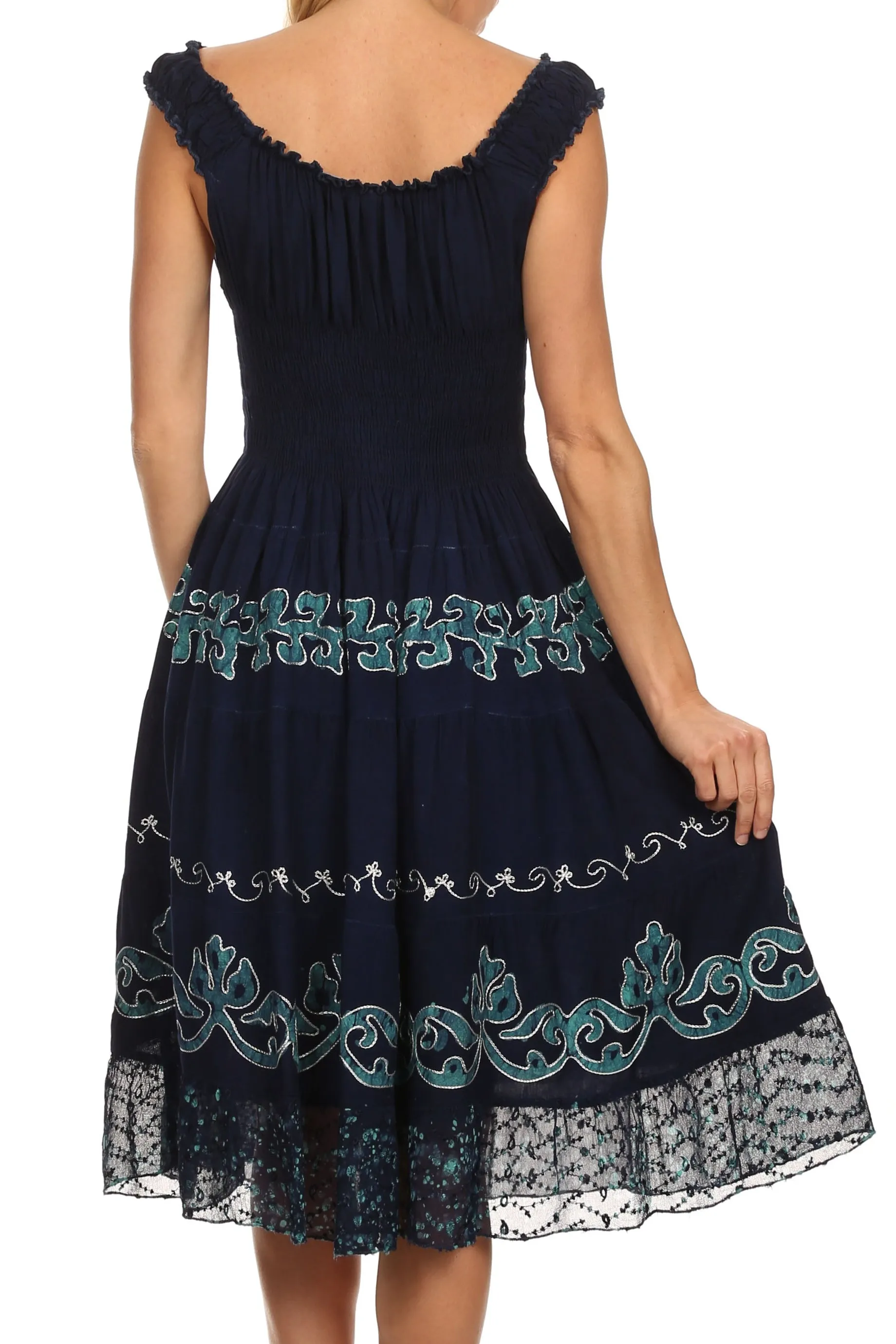 Sakkas Gigi Boho Sleeveless Smocked Waist Embroidered Mid-Length Batik Dress