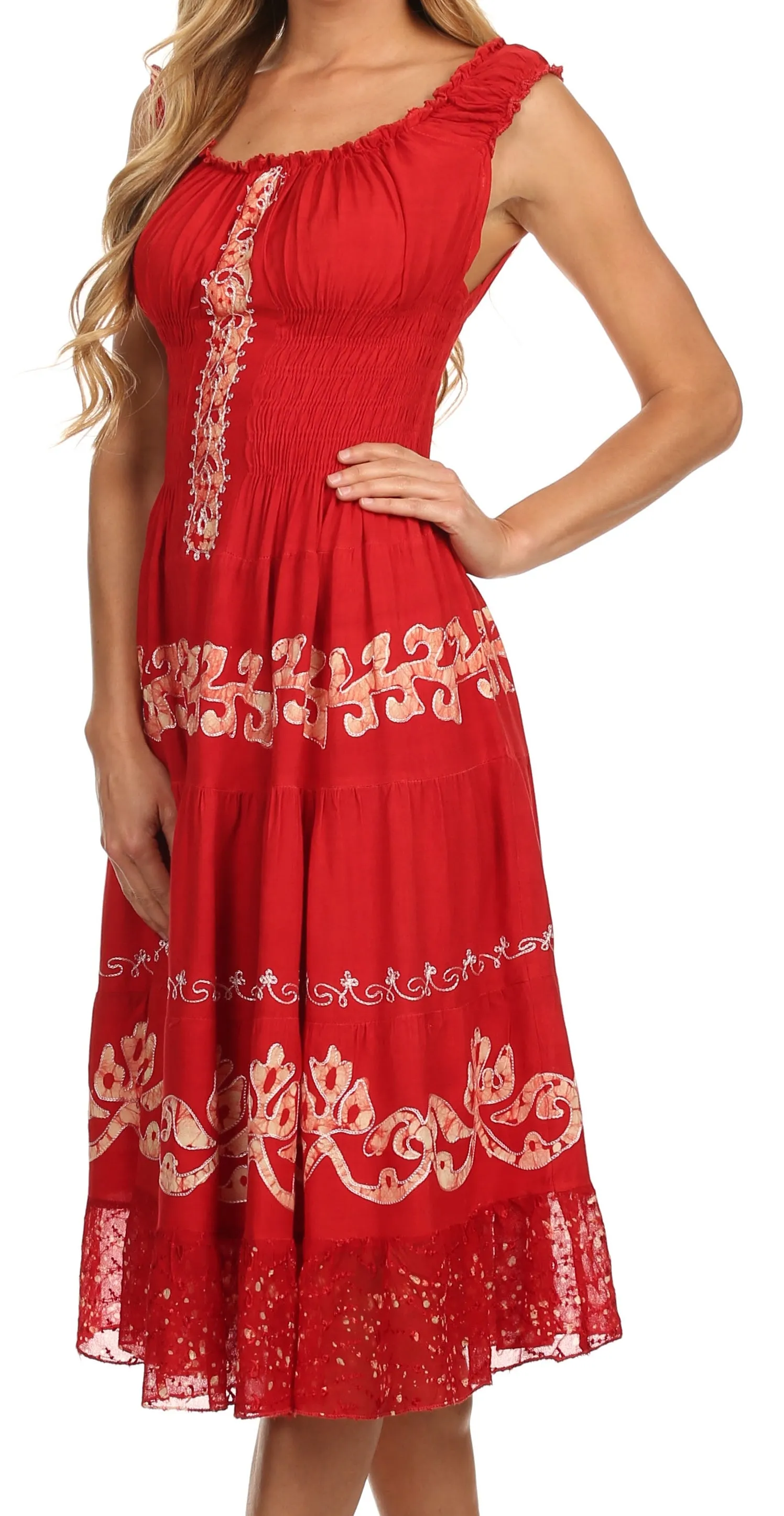 Sakkas Gigi Boho Sleeveless Smocked Waist Embroidered Mid-Length Batik Dress