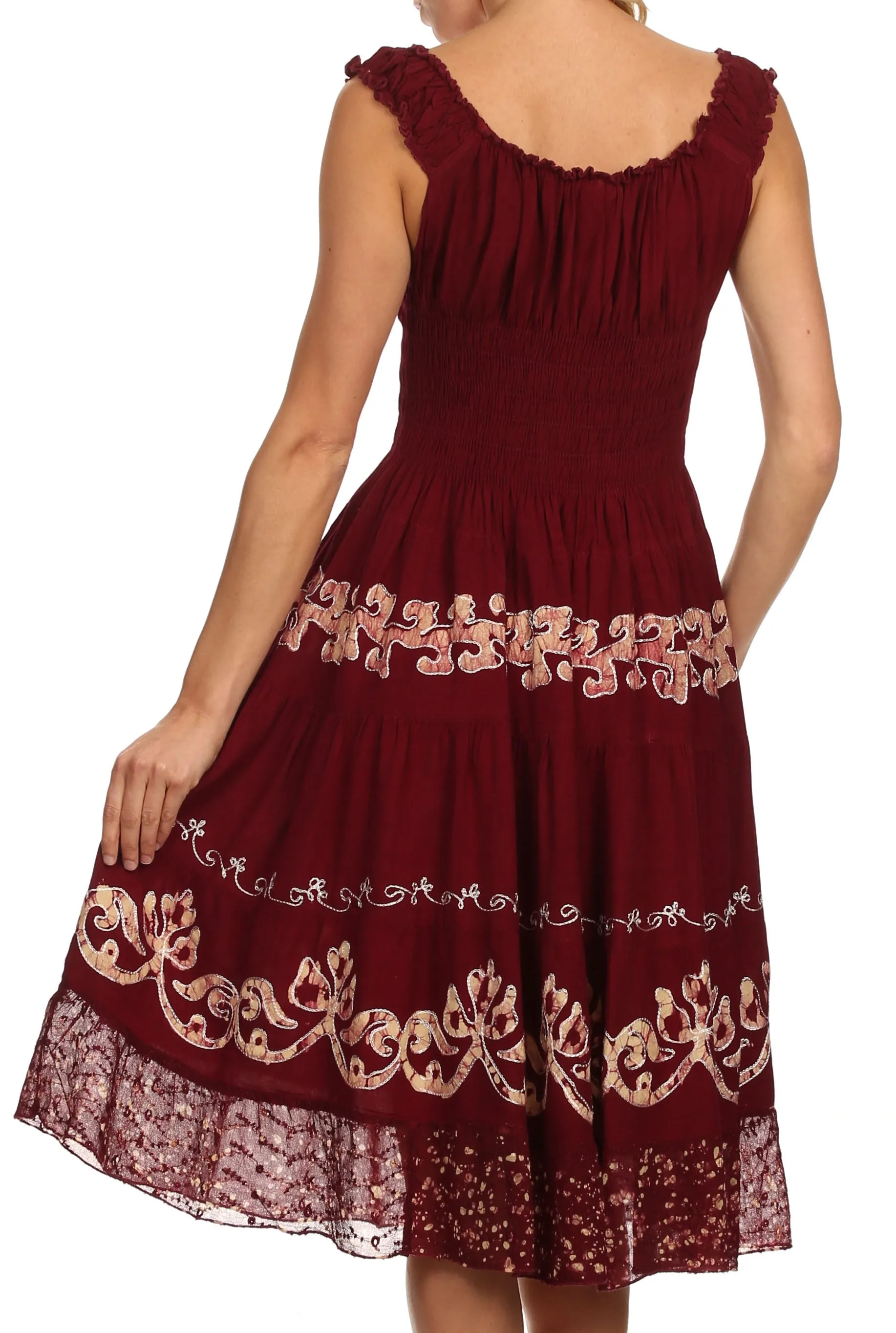 Sakkas Gigi Boho Sleeveless Smocked Waist Embroidered Mid-Length Batik Dress