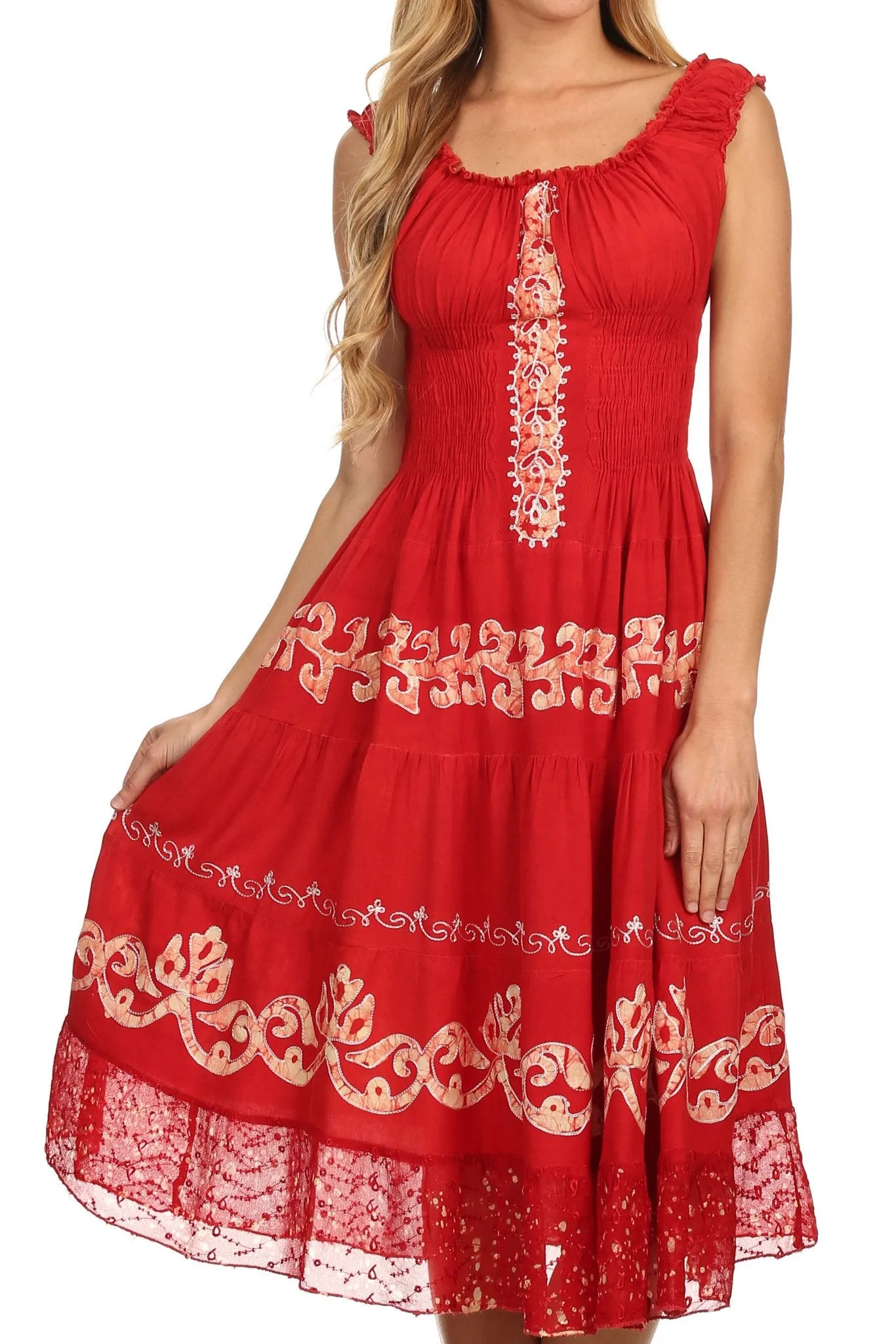 Sakkas Gigi Boho Sleeveless Smocked Waist Embroidered Mid-Length Batik Dress