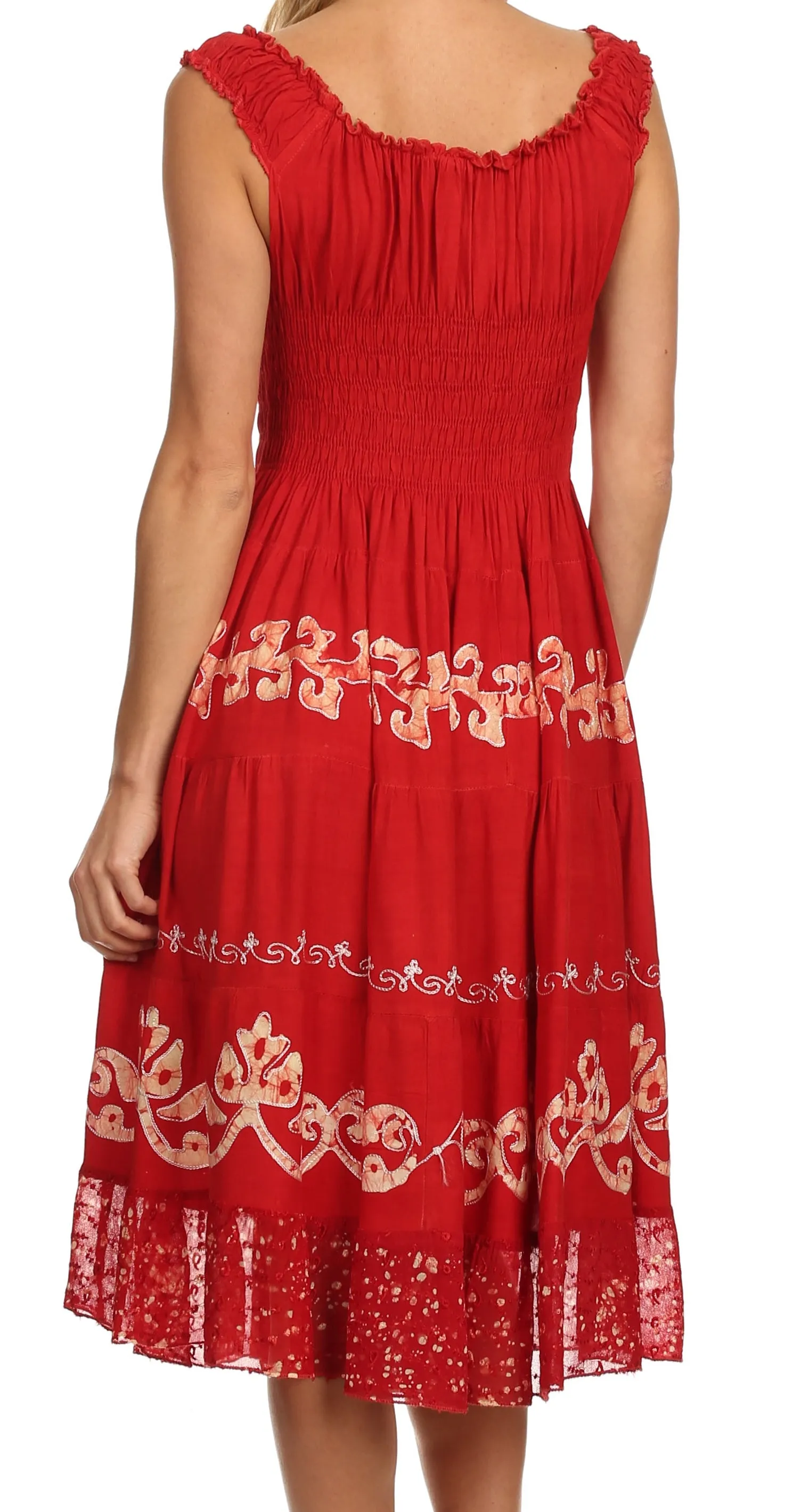 Sakkas Gigi Boho Sleeveless Smocked Waist Embroidered Mid-Length Batik Dress