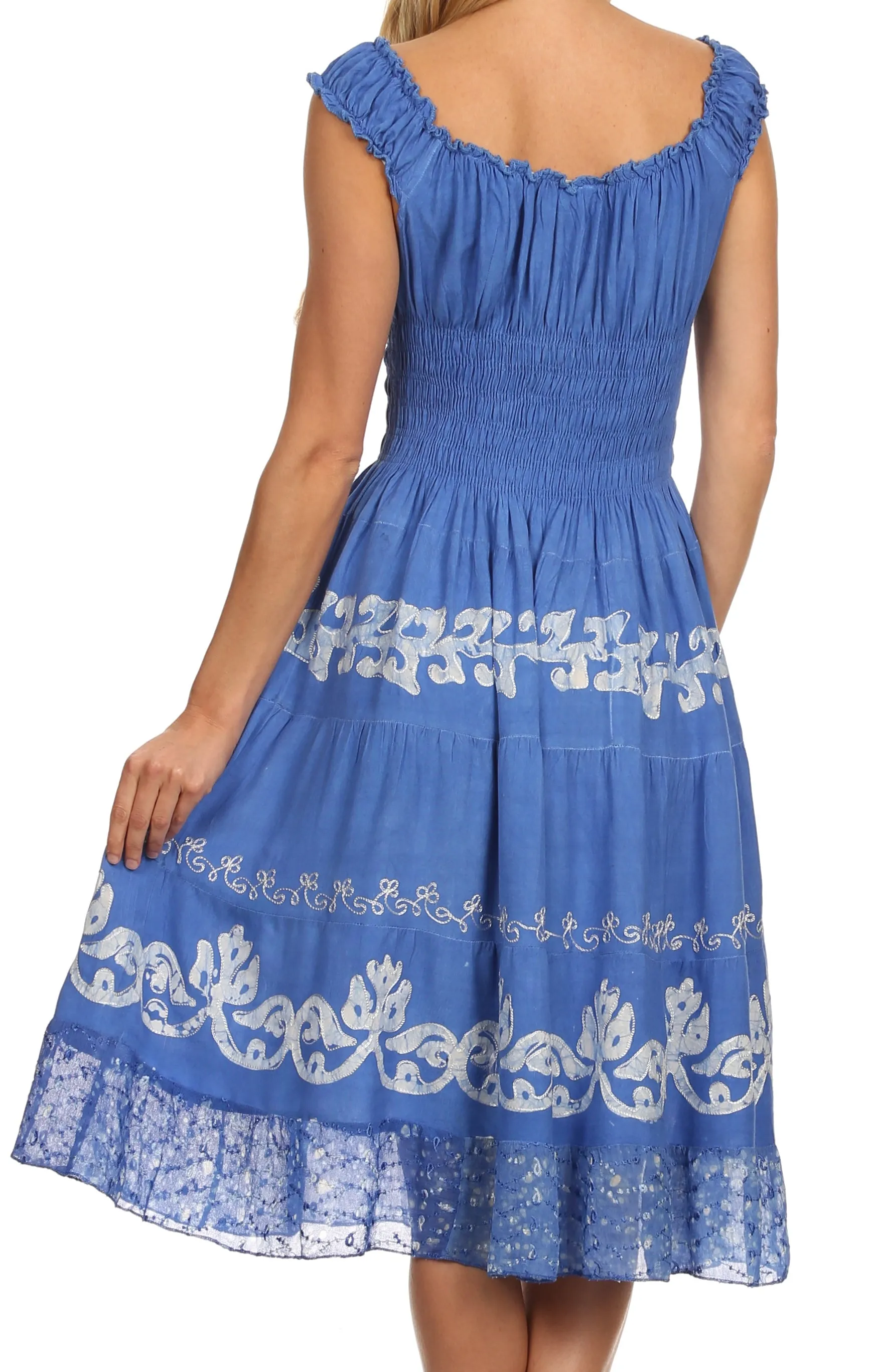 Sakkas Gigi Boho Sleeveless Smocked Waist Embroidered Mid-Length Batik Dress