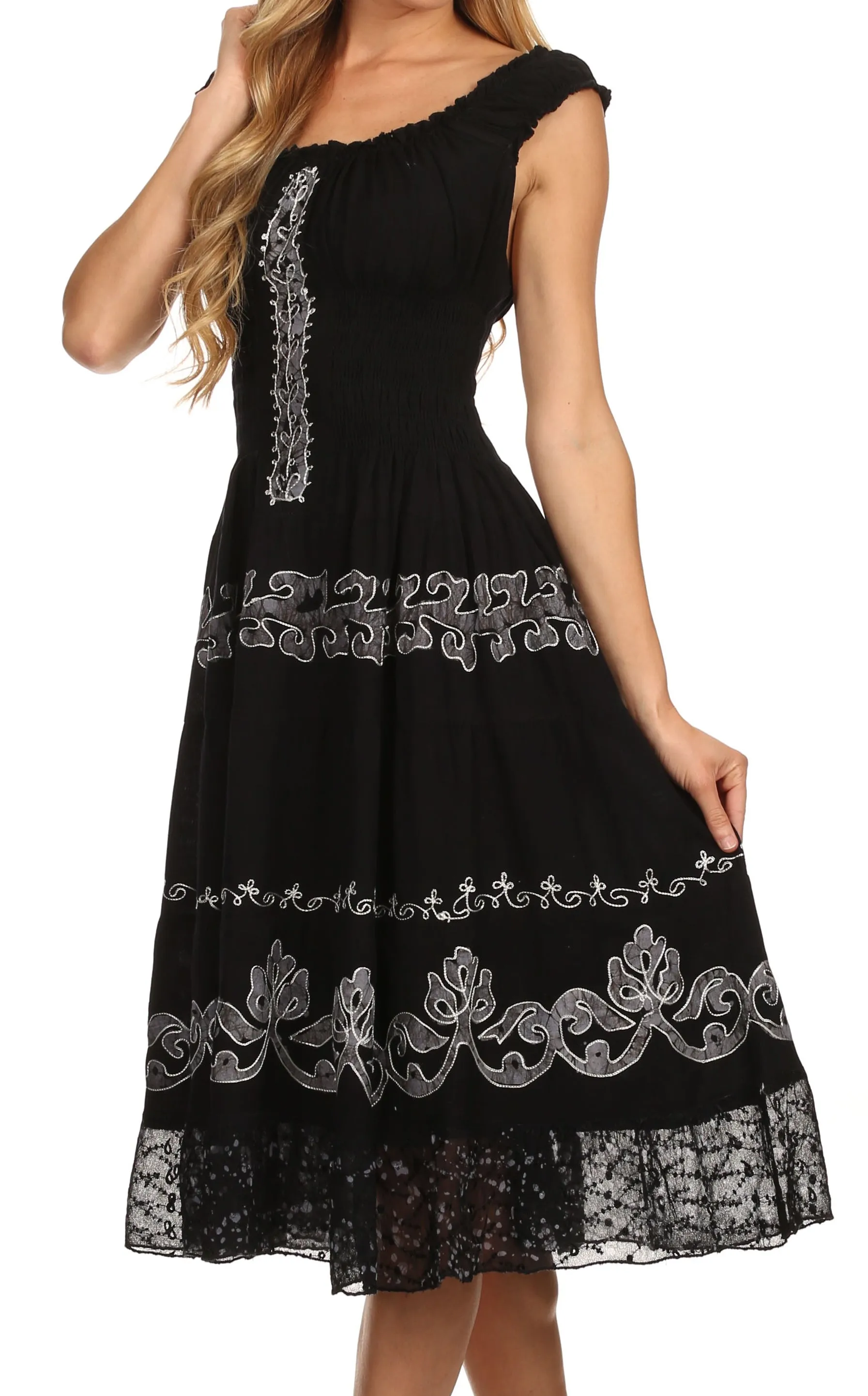 Sakkas Gigi Boho Sleeveless Smocked Waist Embroidered Mid-Length Batik Dress