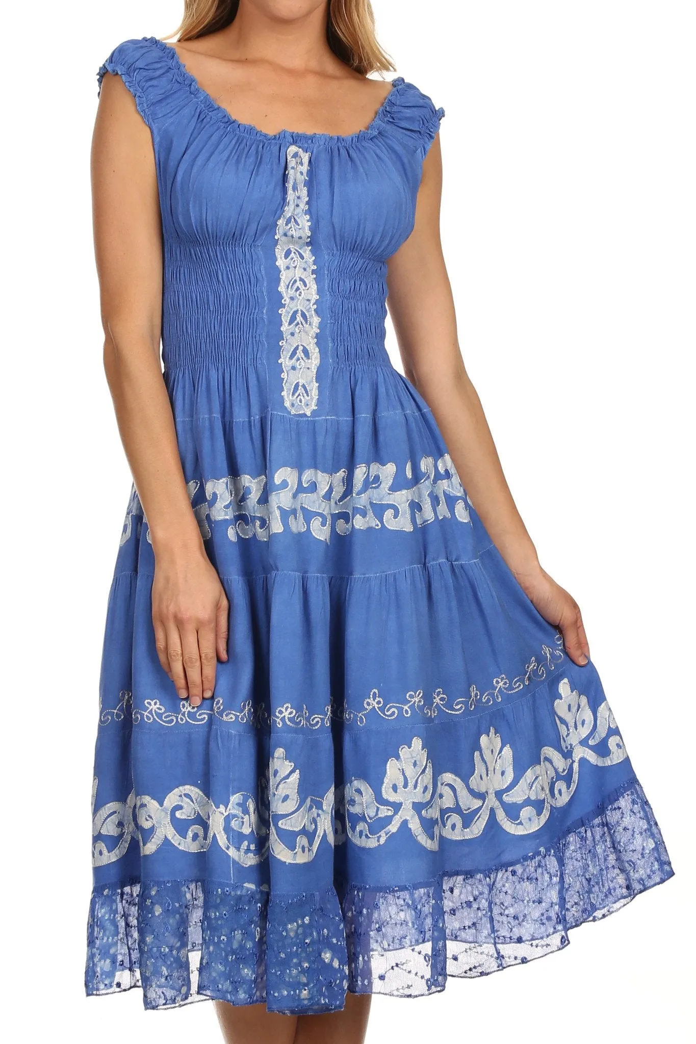 Sakkas Gigi Boho Sleeveless Smocked Waist Embroidered Mid-Length Batik Dress