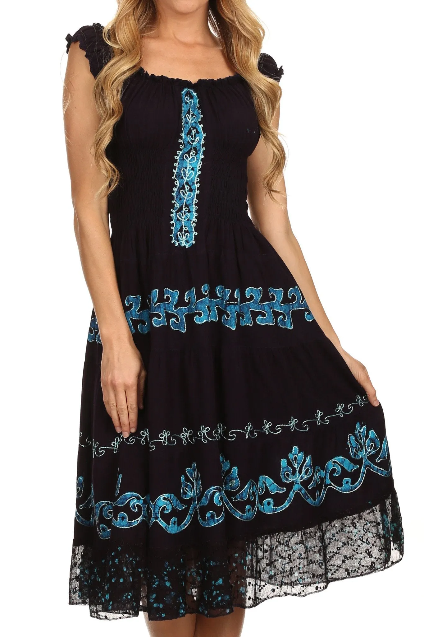 Sakkas Gigi Boho Sleeveless Smocked Waist Embroidered Mid-Length Batik Dress