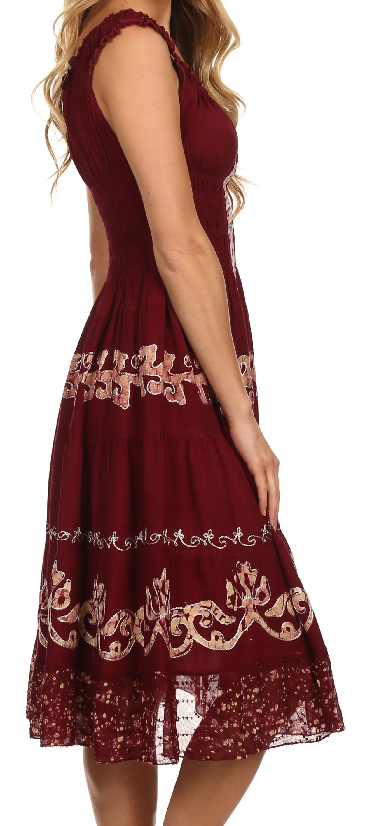 Sakkas Gigi Boho Sleeveless Smocked Waist Embroidered Mid-Length Batik Dress