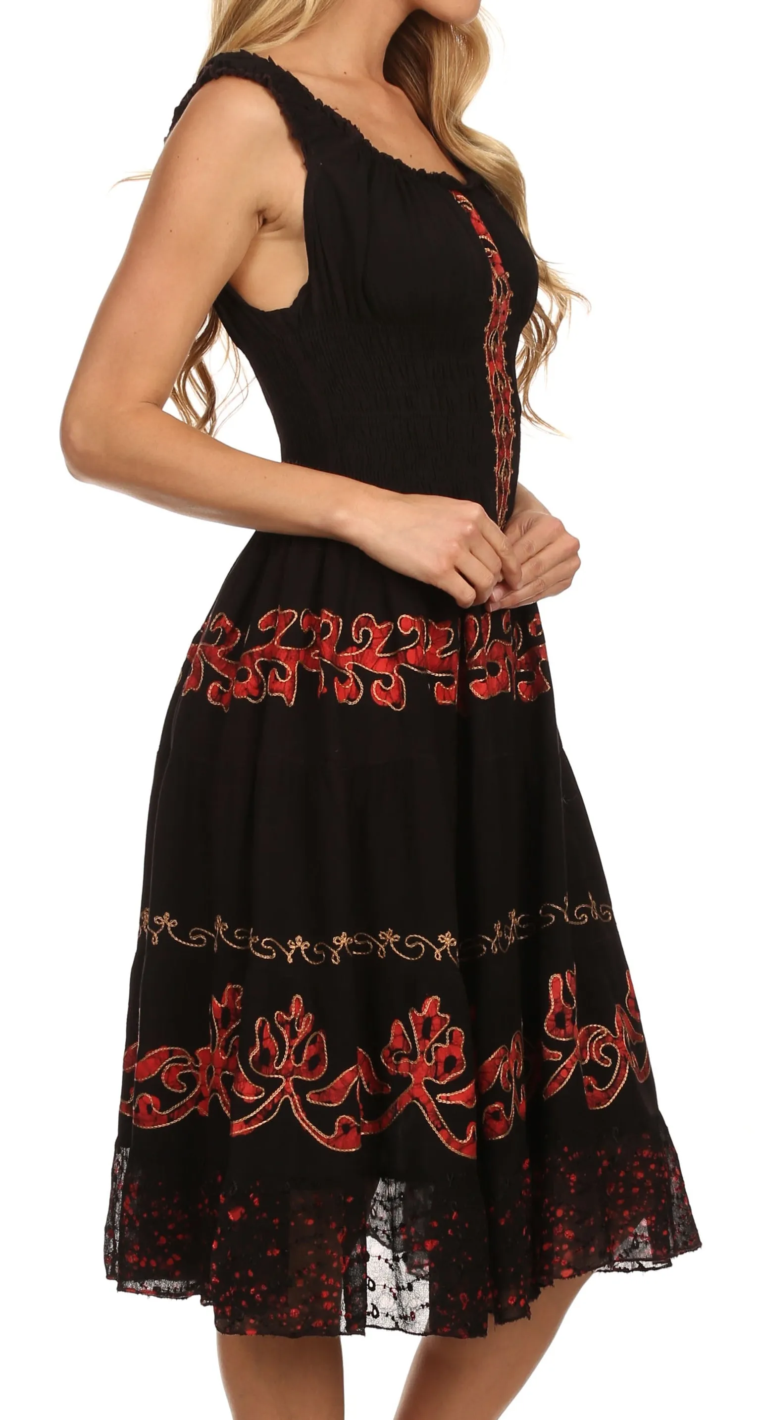 Sakkas Gigi Boho Sleeveless Smocked Waist Embroidered Mid-Length Batik Dress