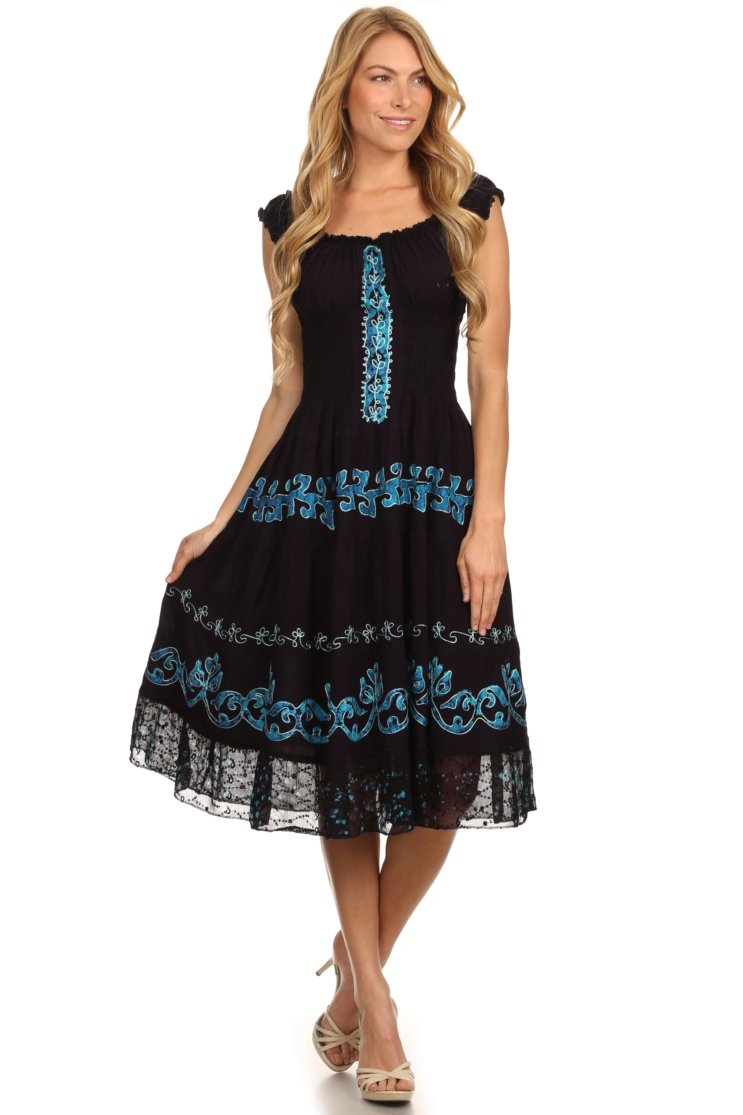 Sakkas Gigi Boho Sleeveless Smocked Waist Embroidered Mid-Length Batik Dress