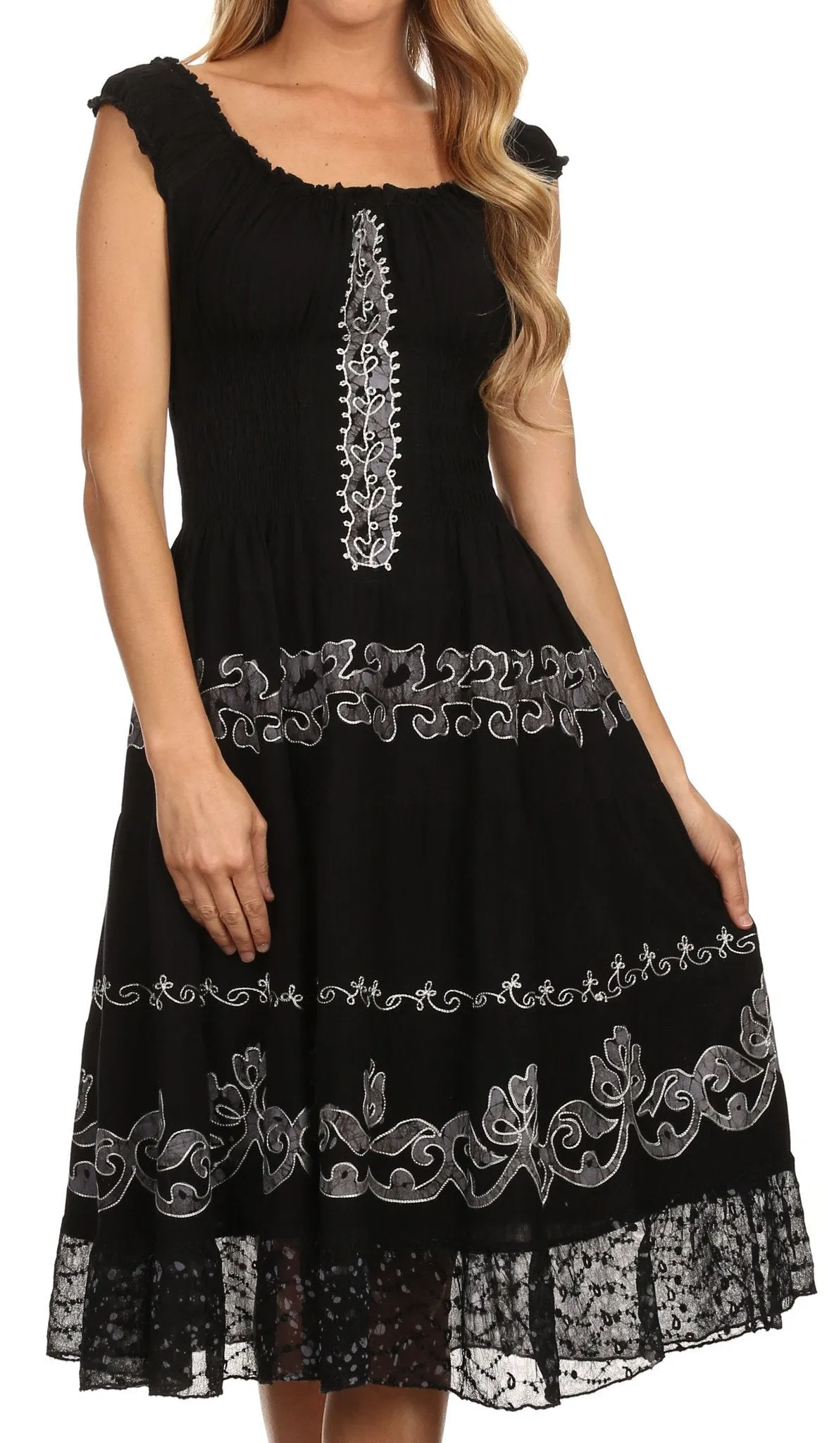 Sakkas Gigi Boho Sleeveless Smocked Waist Embroidered Mid-Length Batik Dress