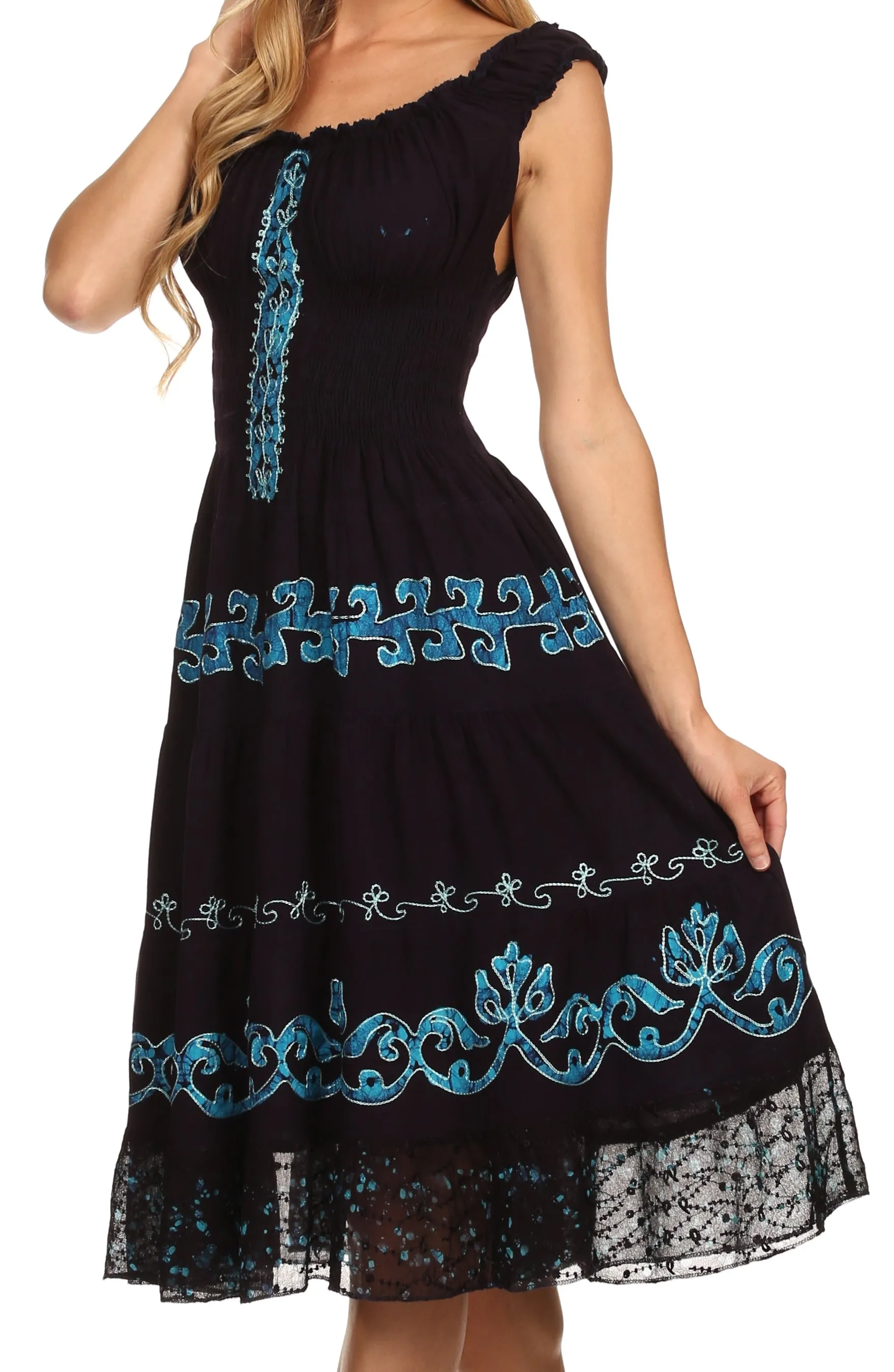 Sakkas Gigi Boho Sleeveless Smocked Waist Embroidered Mid-Length Batik Dress