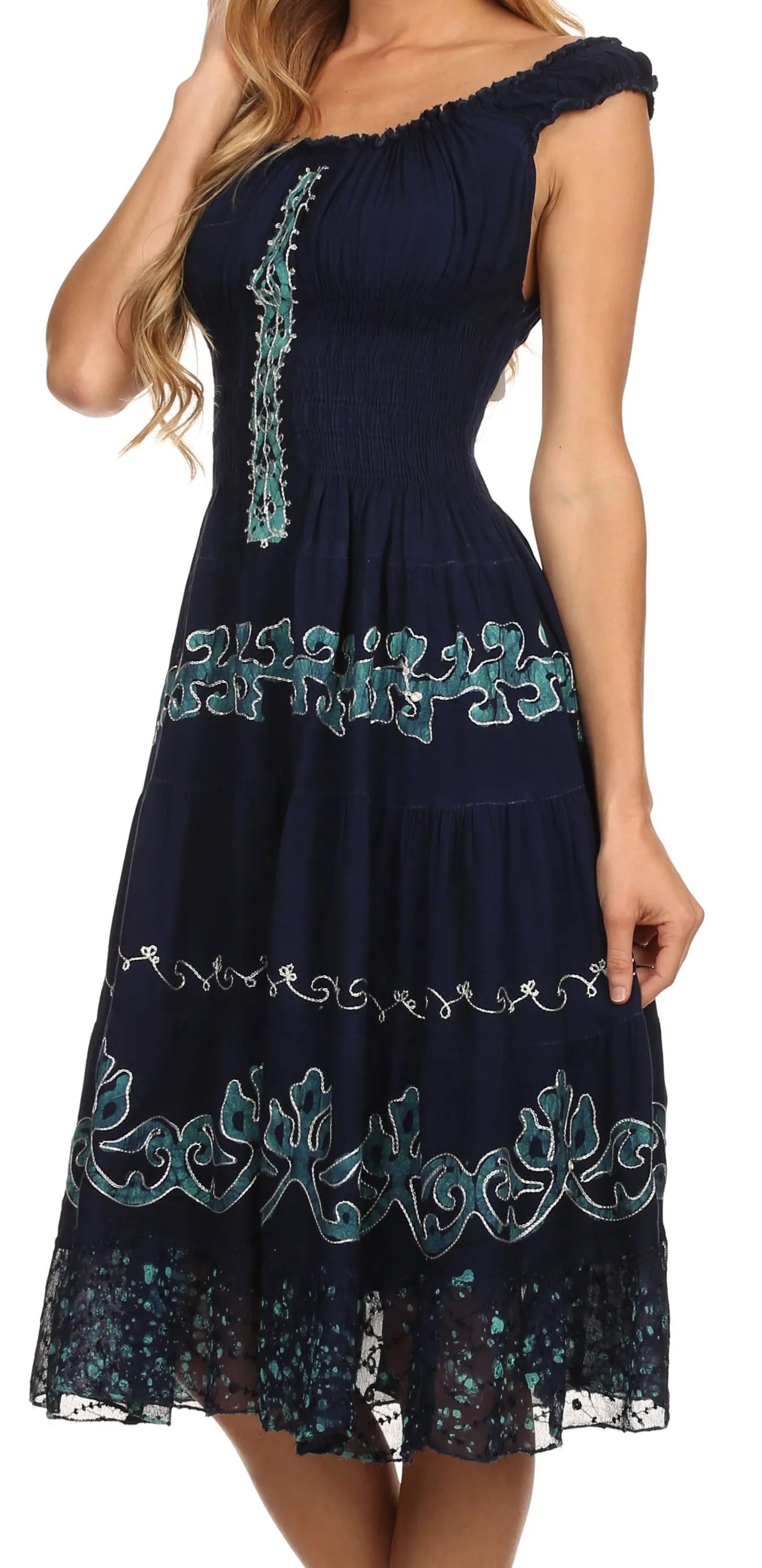 Sakkas Gigi Boho Sleeveless Smocked Waist Embroidered Mid-Length Batik Dress